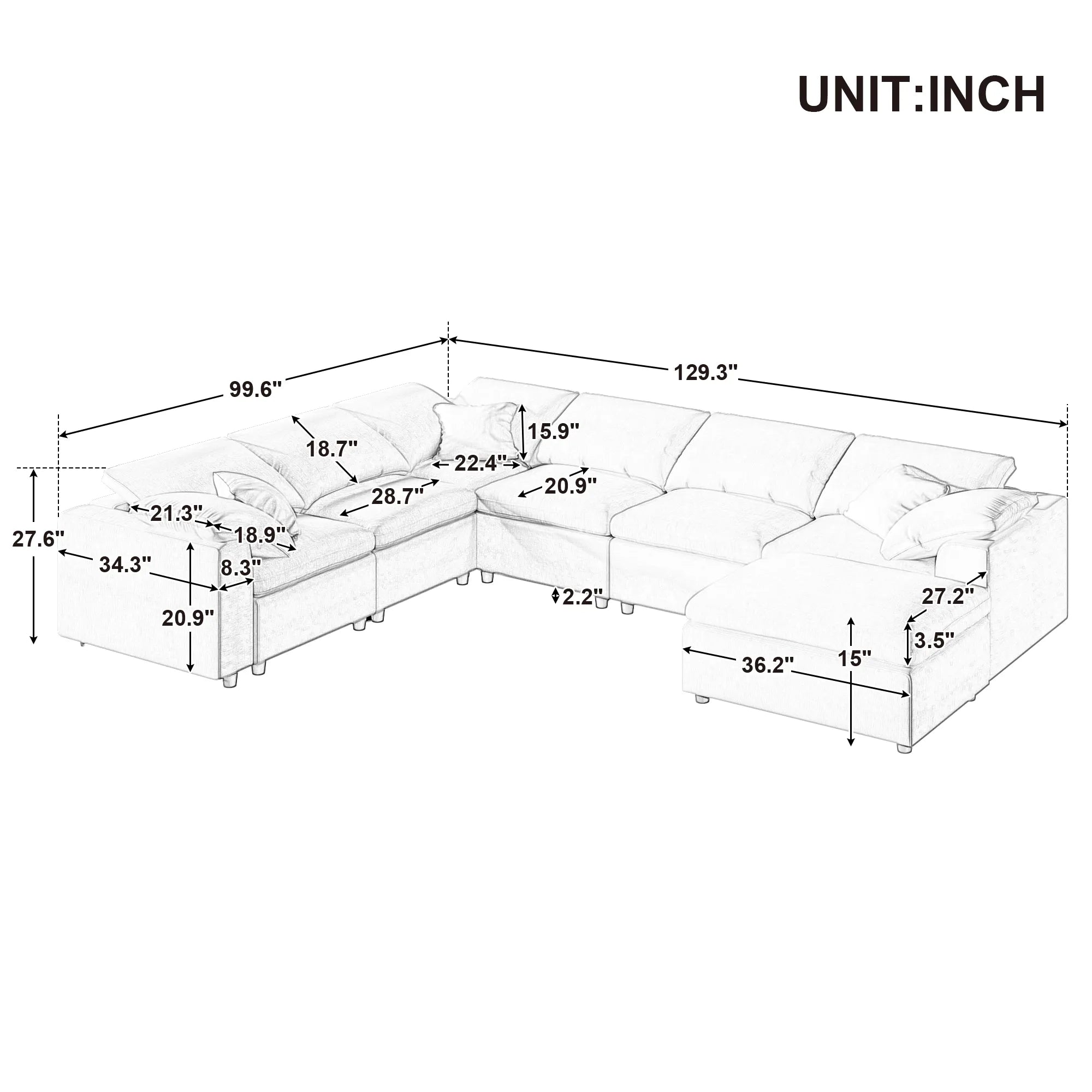 Large Modular Couch, U Shaped Sectional Sofa with Ottoman, Beige