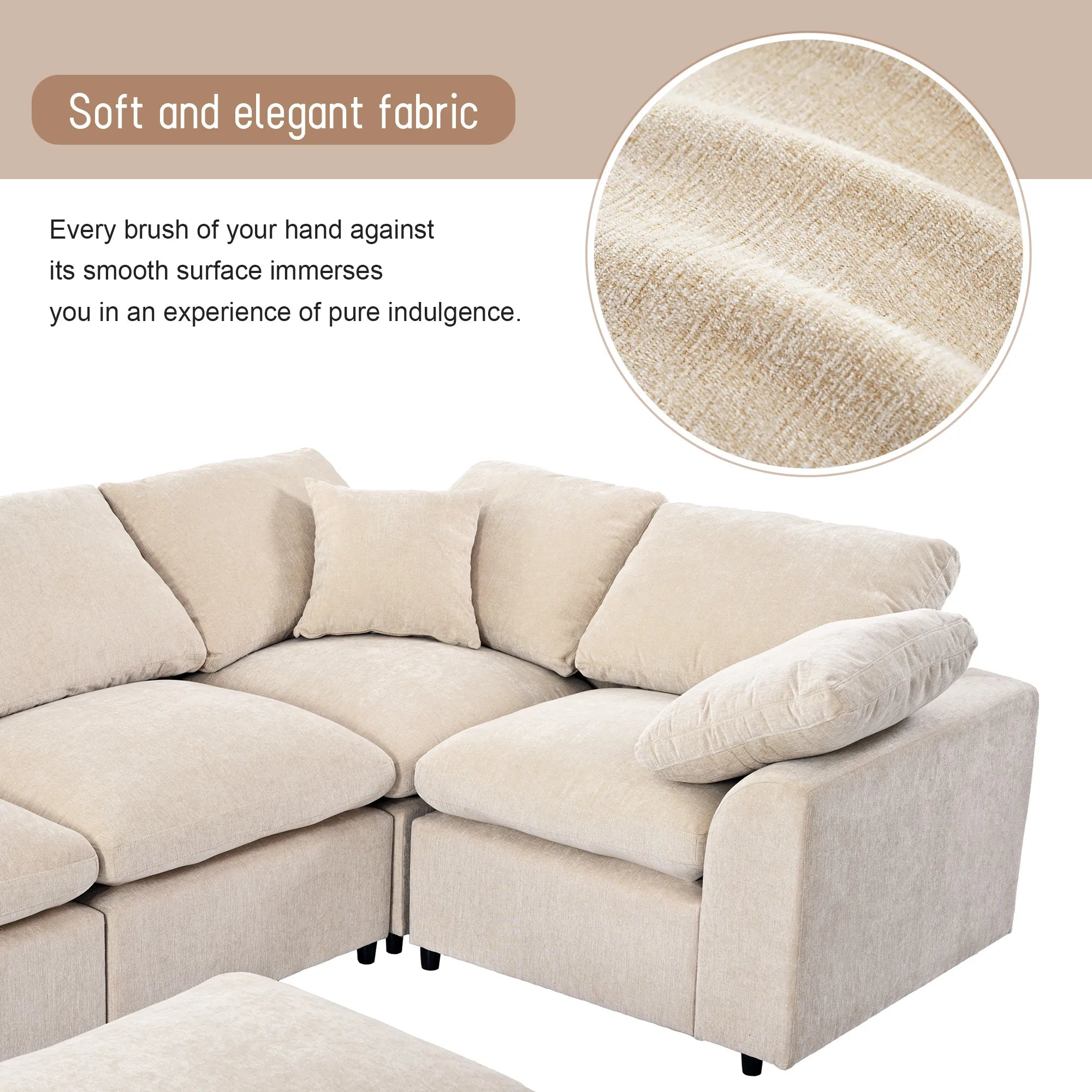 Large Modular Couch, U Shaped Sectional Sofa with Ottoman, Beige