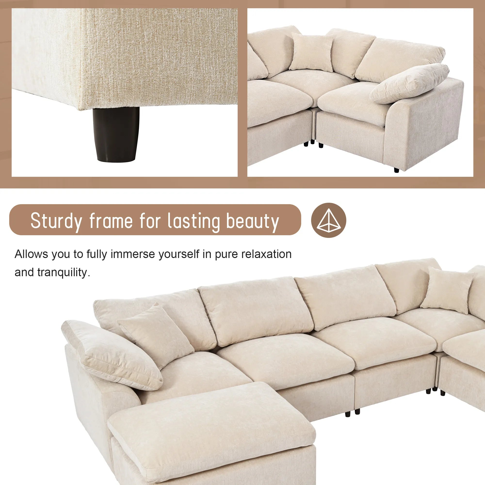 Large Modular Couch, U Shaped Sectional Sofa with Ottoman, Beige