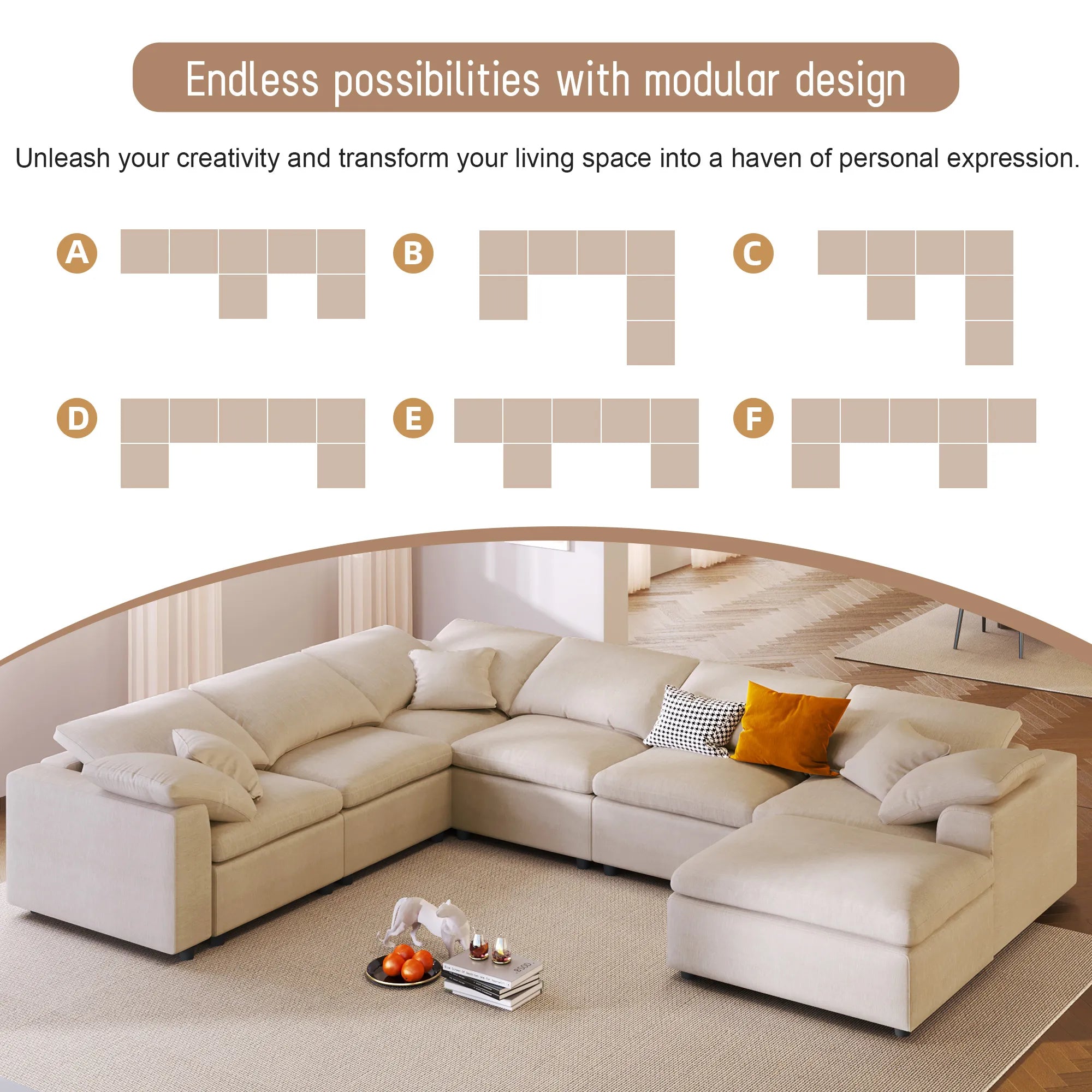 Large Modular Couch, U Shaped Sectional Sofa with Ottoman, Beige