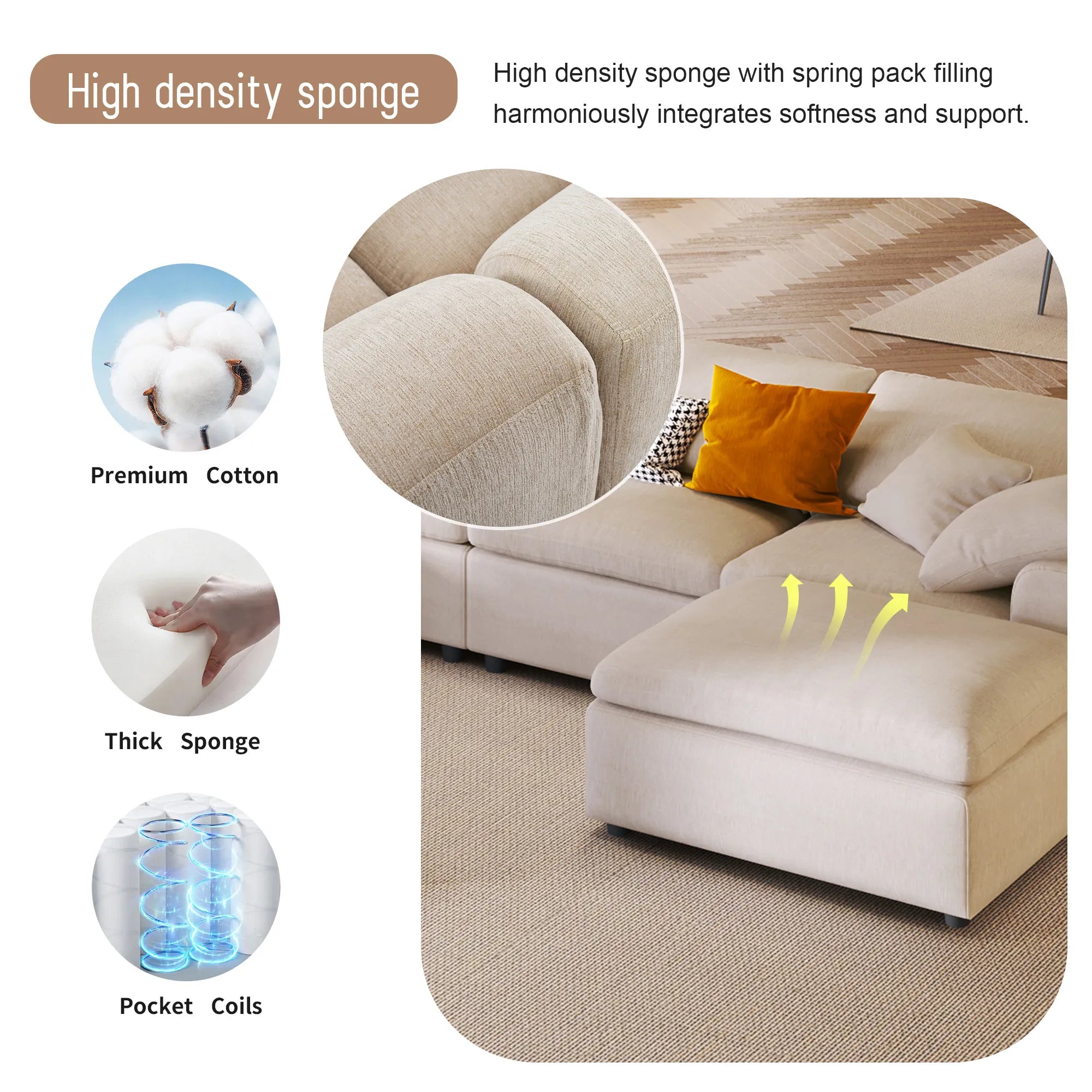 Large Modular Couch, U Shaped Sectional Sofa with Ottoman, Beige