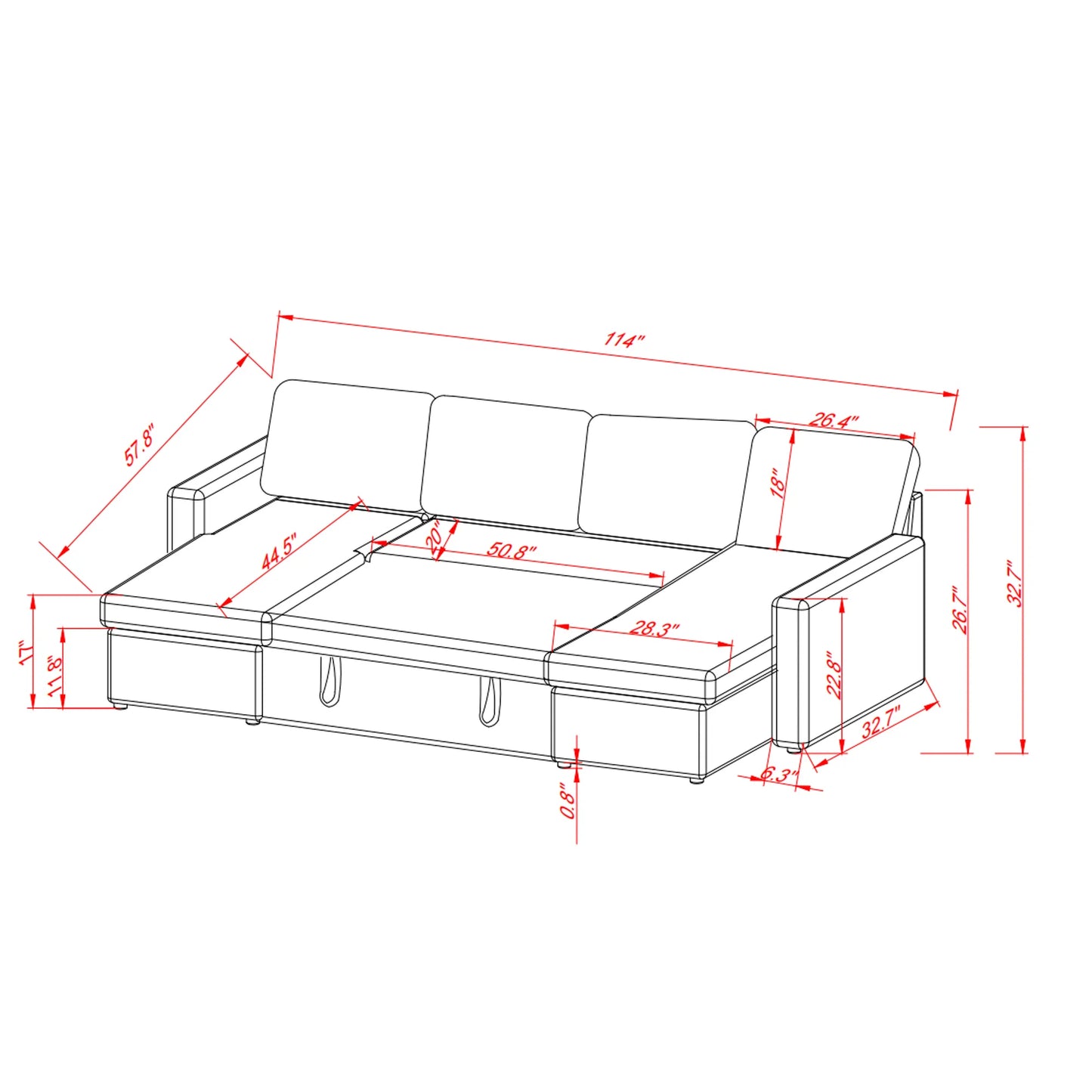 Louie Sofa Chaise Sleeper, Corduroy Couch with Double Chaise Storage - Beige