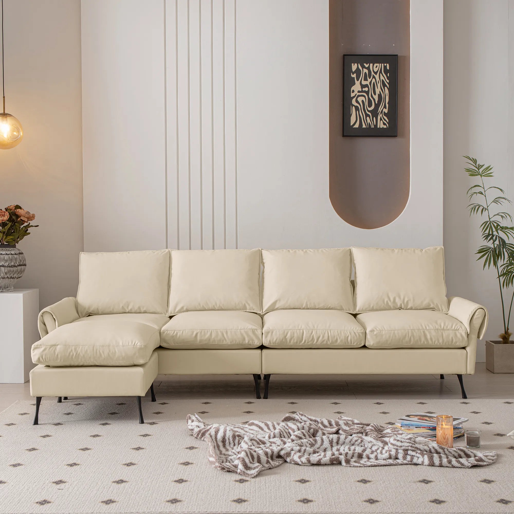 Louie Couch L-Shape, Sofa With Chaise Lounge - Beige