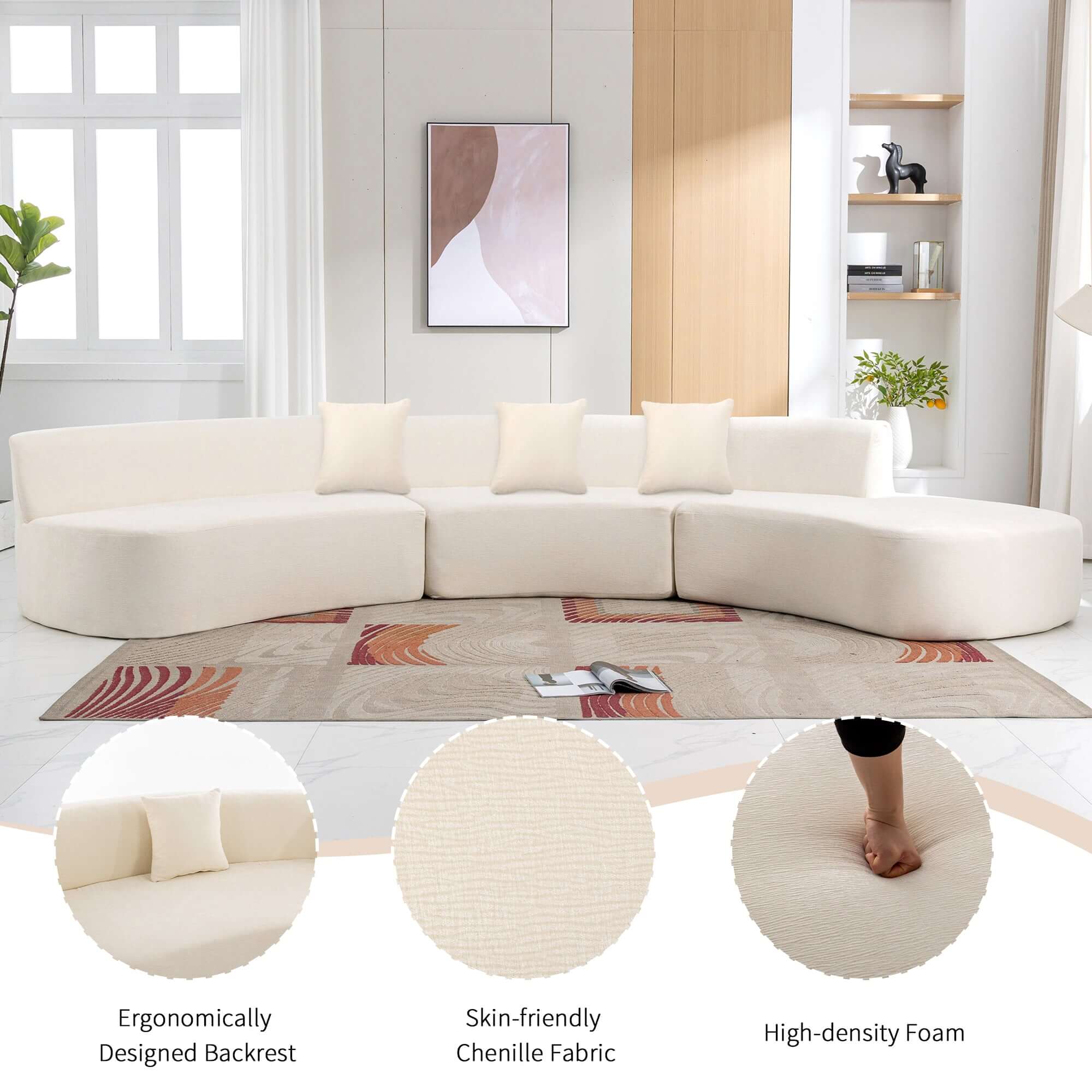 Curved Sofa, Modern Large Sectional Couch - Beige