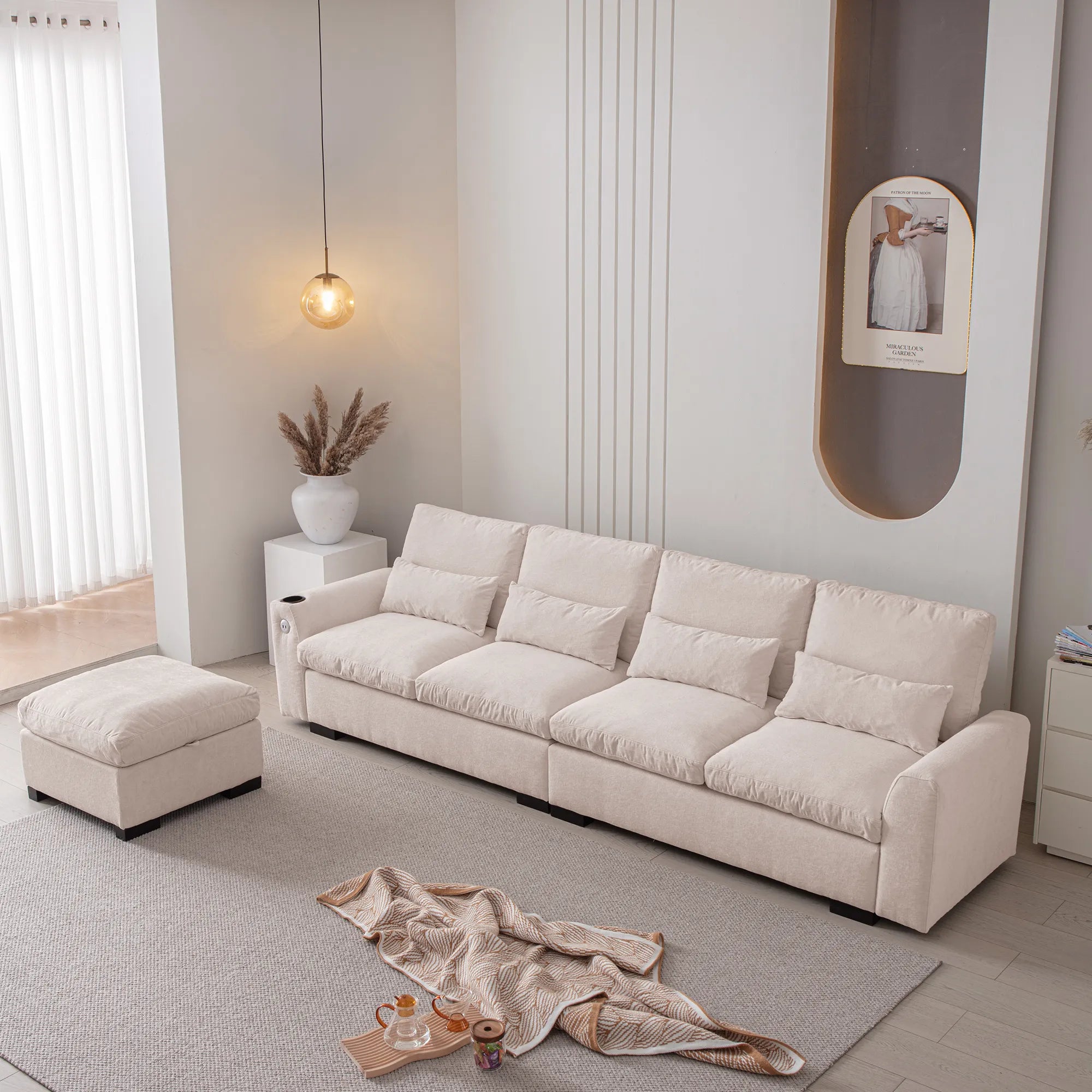 Louie Sectional Couch with Chaise, Sofa L-Shape with Ottoman Storage - Beige
