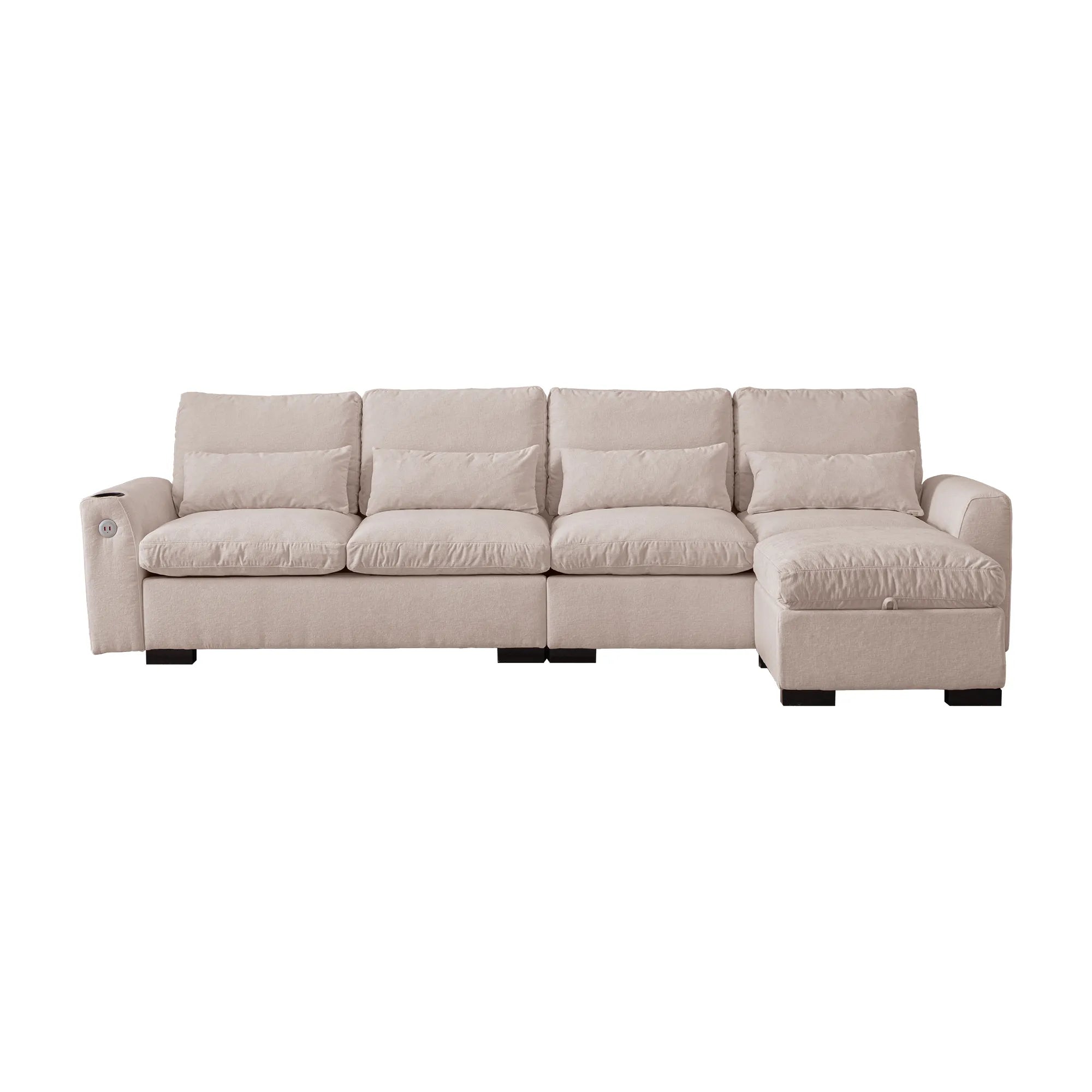 Louie Sectional Couch with Chaise, Sofa L-Shape with Ottoman Storage - Beige