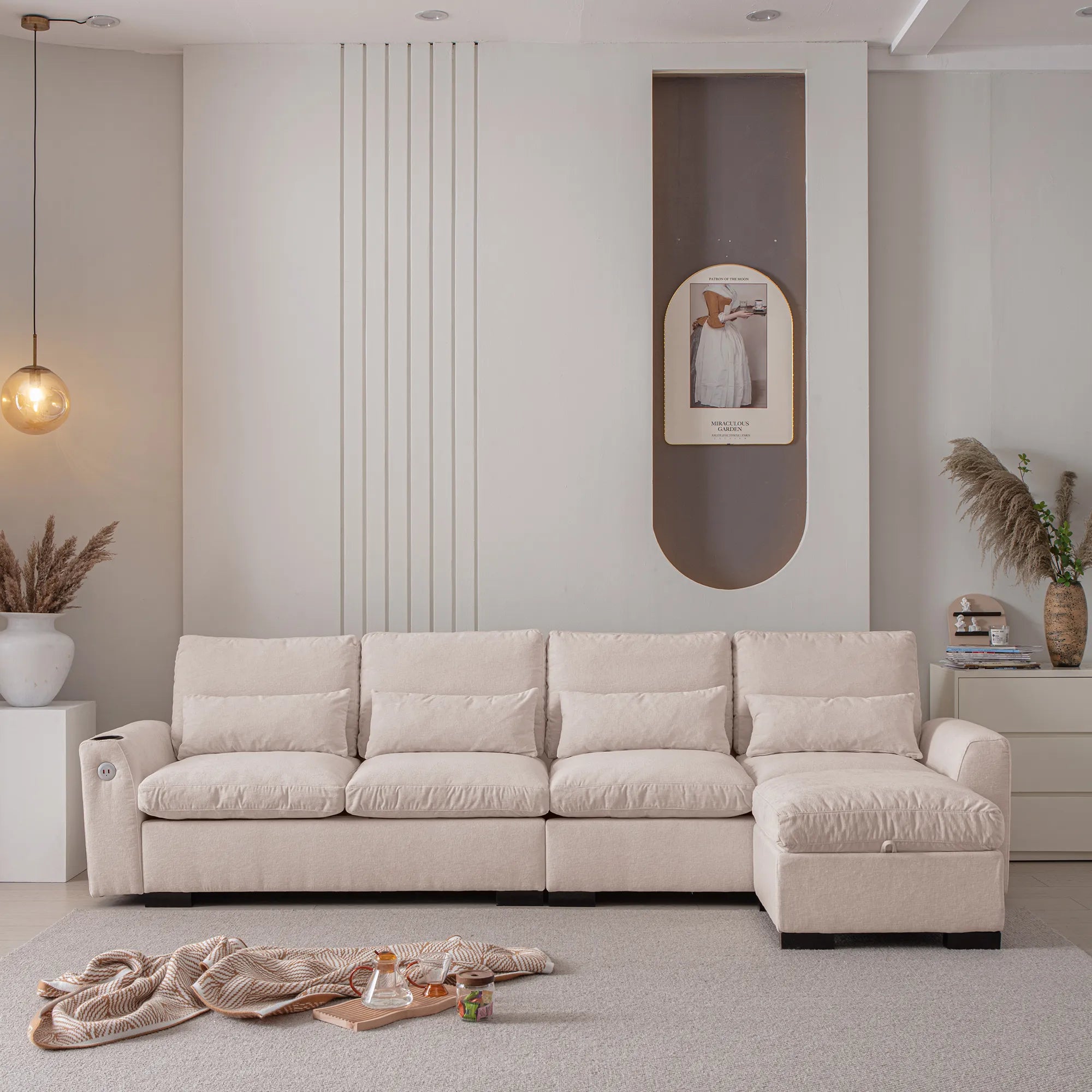 Louie Sectional Couch with Chaise, Sofa L-Shape with Ottoman Storage - Beige
