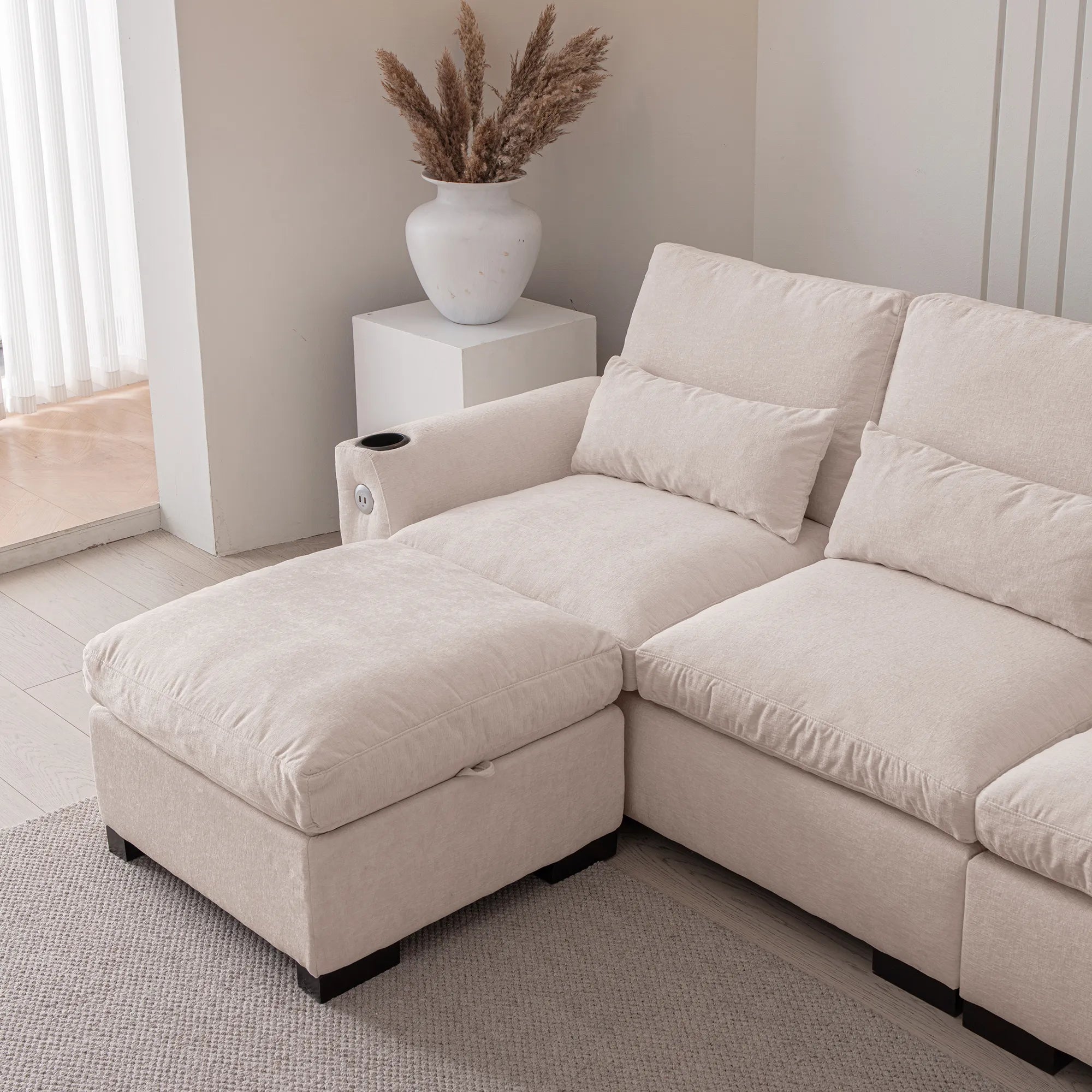 Louie Sectional Couch with Chaise, Sofa L-Shape with Ottoman Storage - Beige