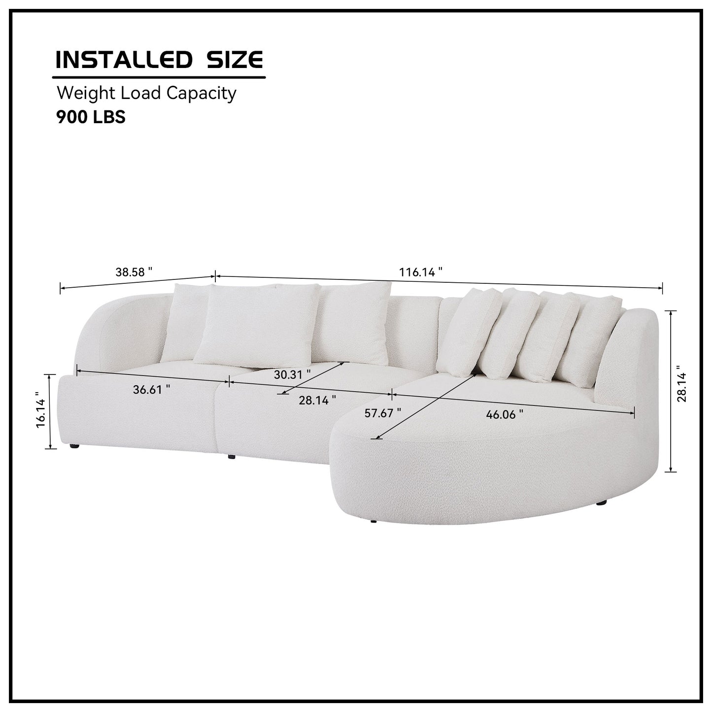 Deep Seat Couch with Chaise Lounge, Curved Corner Sectional, Beige