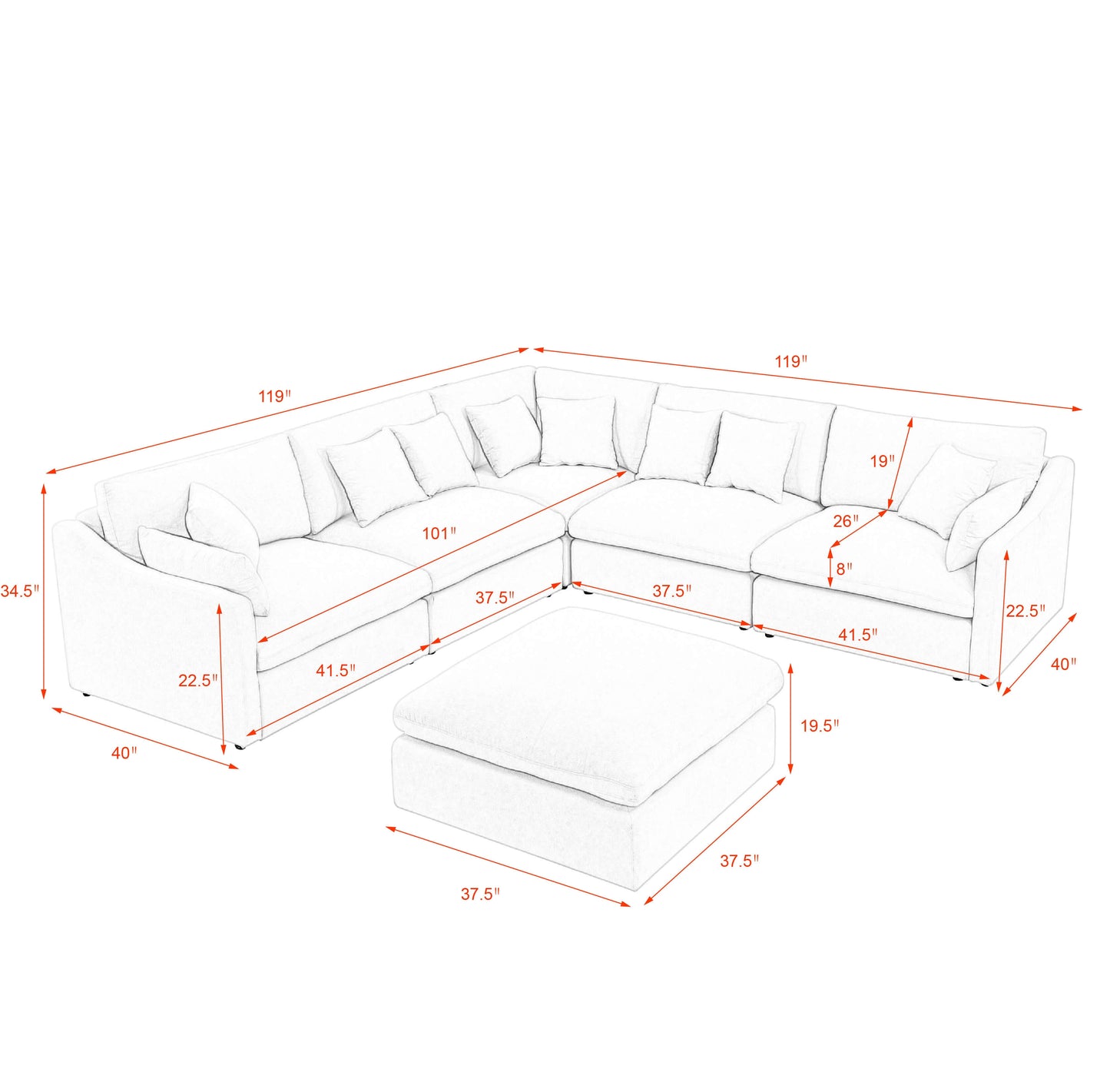 Sofa L Shape, Corner Sectional Couch with Ottoman, Black