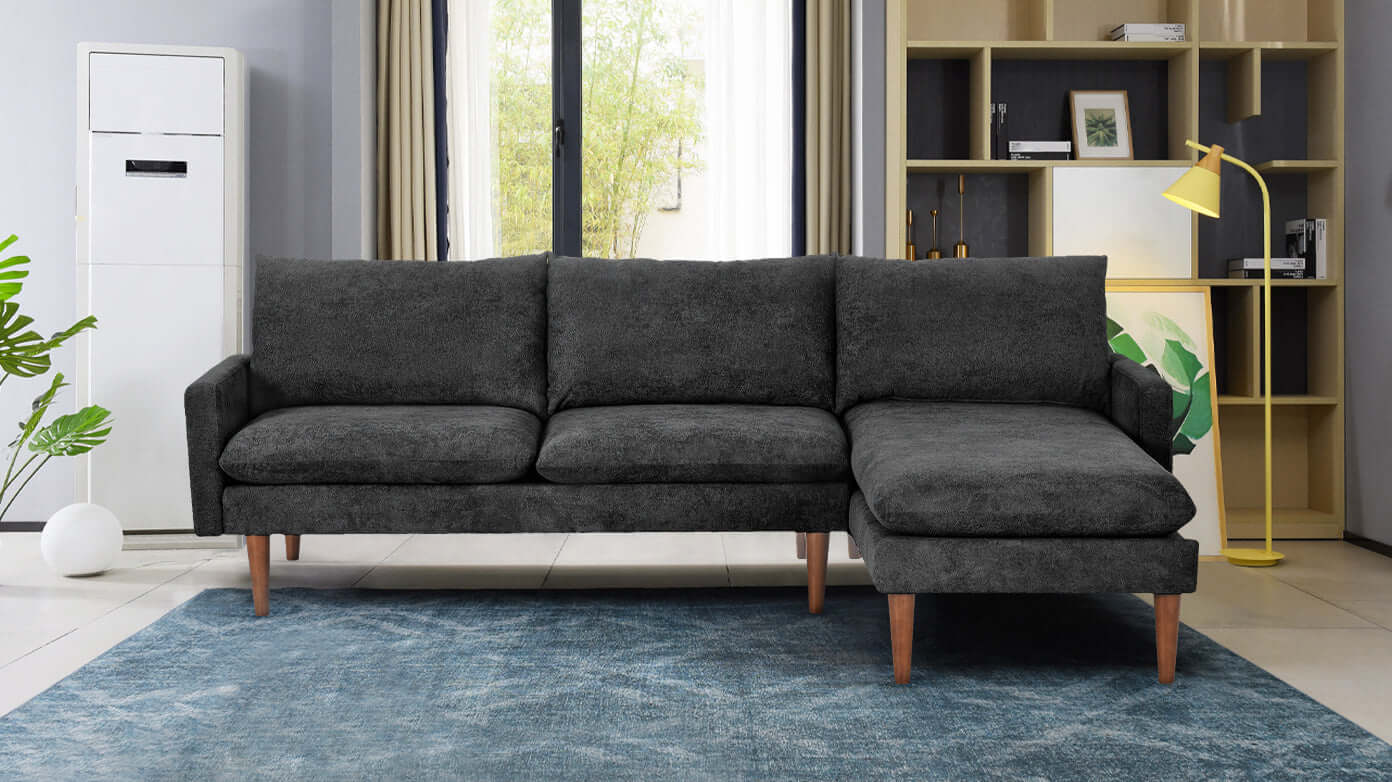 Louie Small Velvet Couch, L Shape Sofa with Chaise, Black