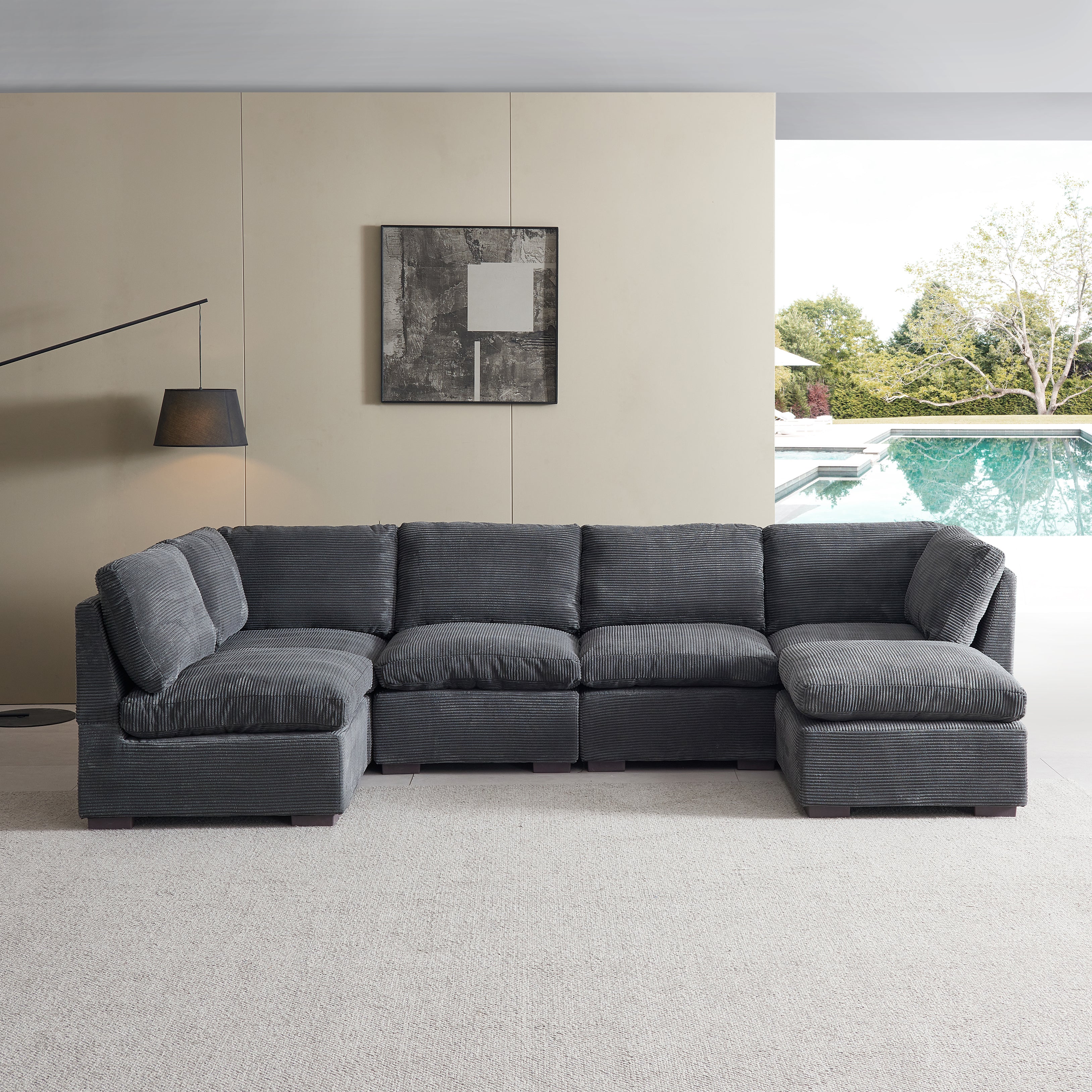 L-Shaped Couch, 6-Seat Corduroy Sofa, Couch with Ottoman, Gray
