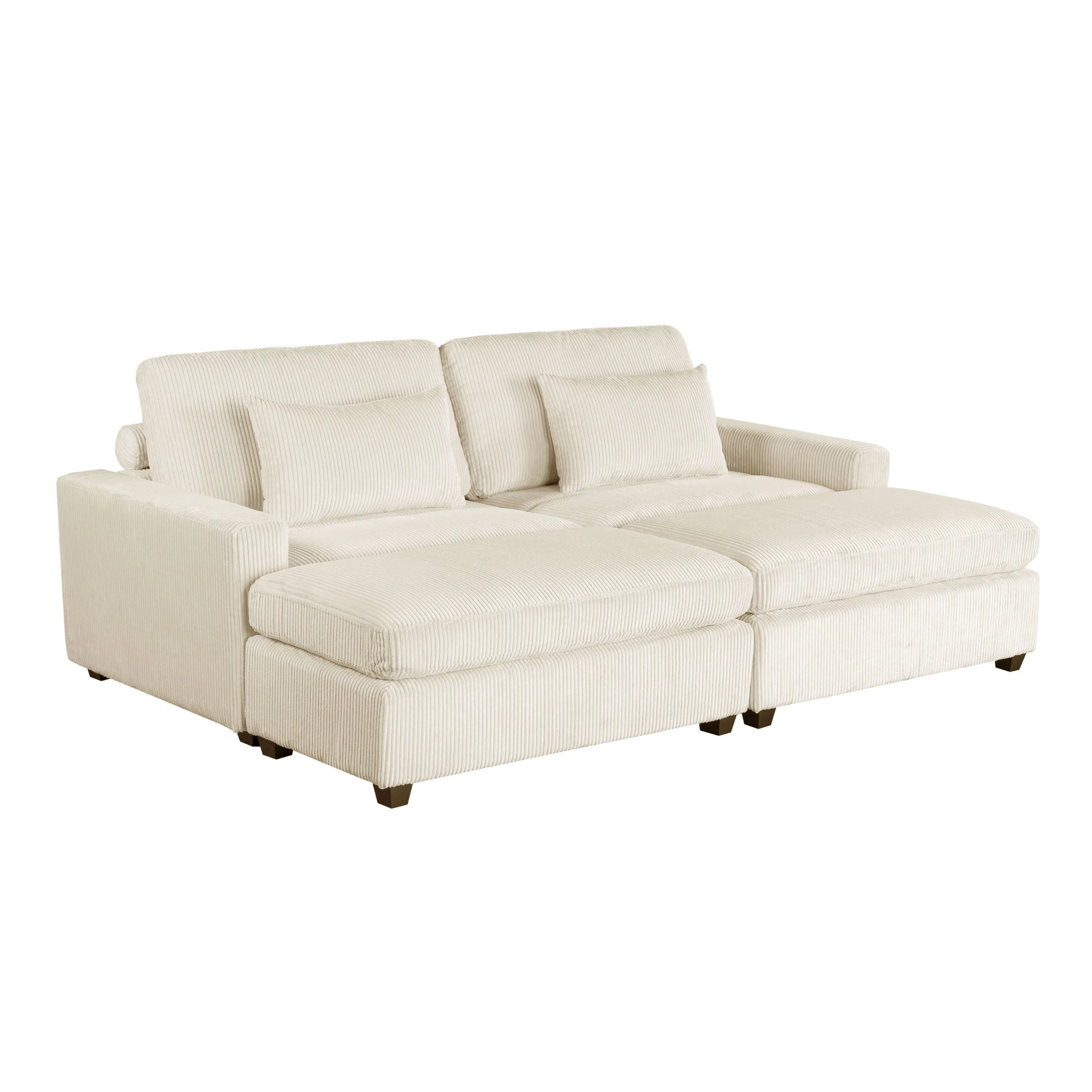 Louie Corduroy Sofa, Deep Sectional Couch with Ottoman - Beige