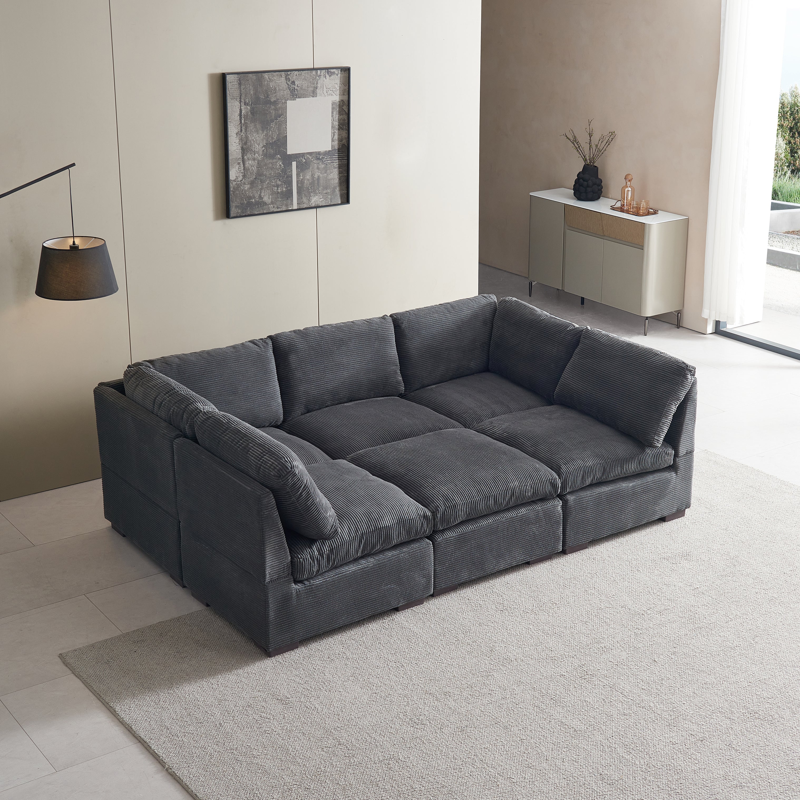 L-Shaped Couch, 6-Seat Corduroy Sofa, Couch with Ottoman, Gray