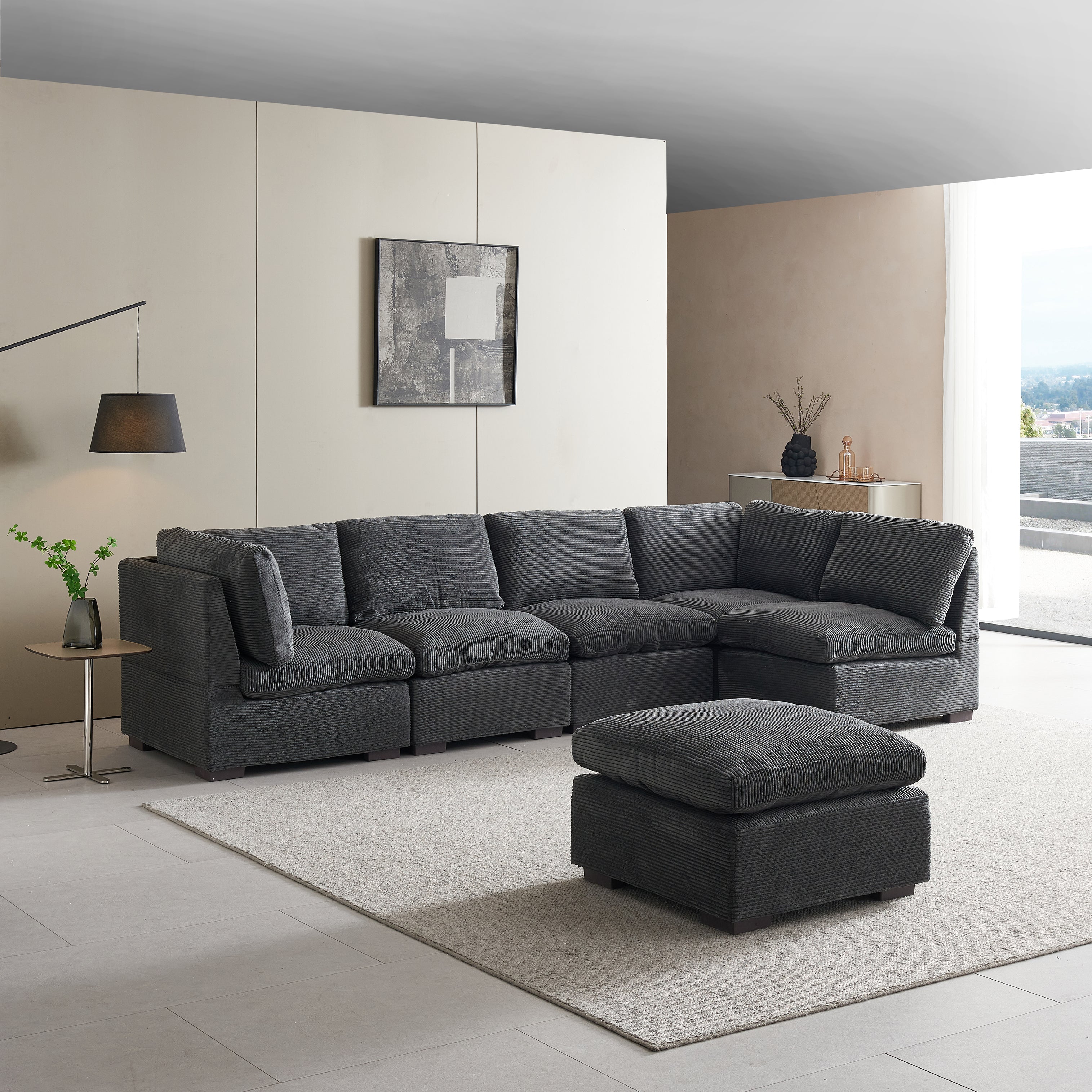 L-Shaped Couch, 6-Seat Corduroy Sofa, Couch with Ottoman, Gray