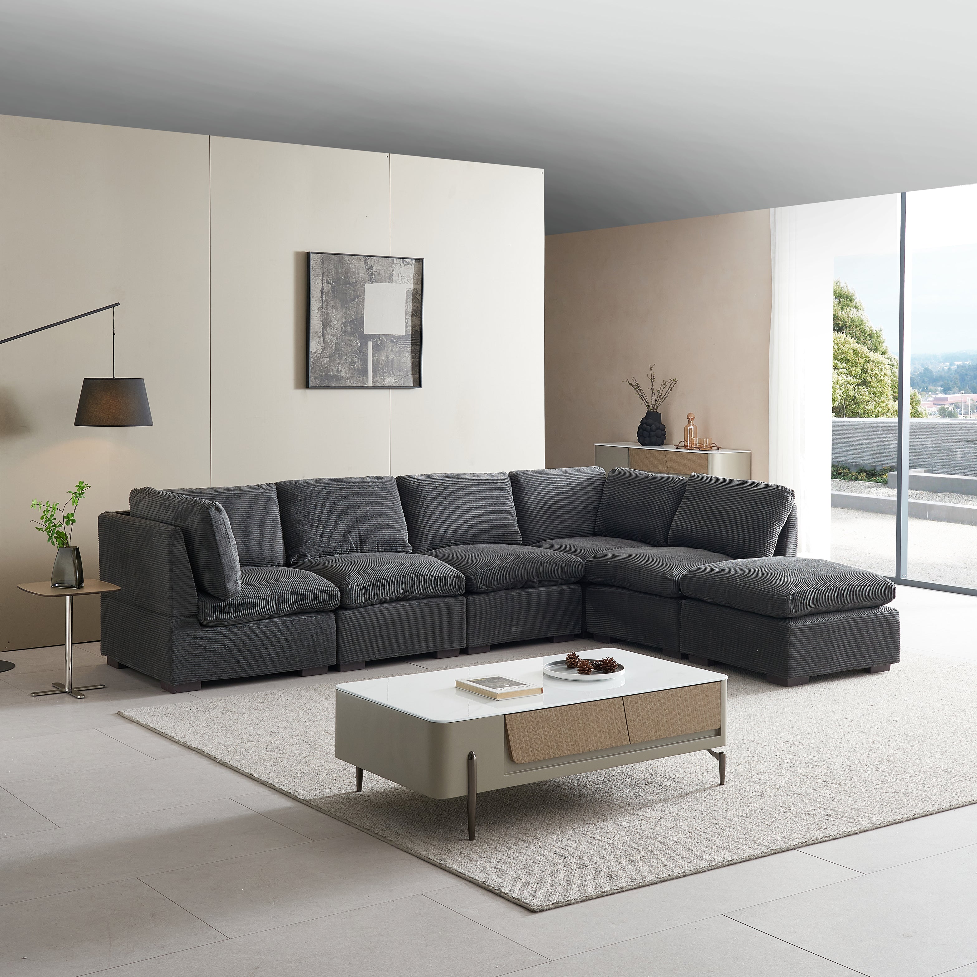 L-Shaped Couch, 6-Seat Corduroy Sofa, Couch with Ottoman, Gray