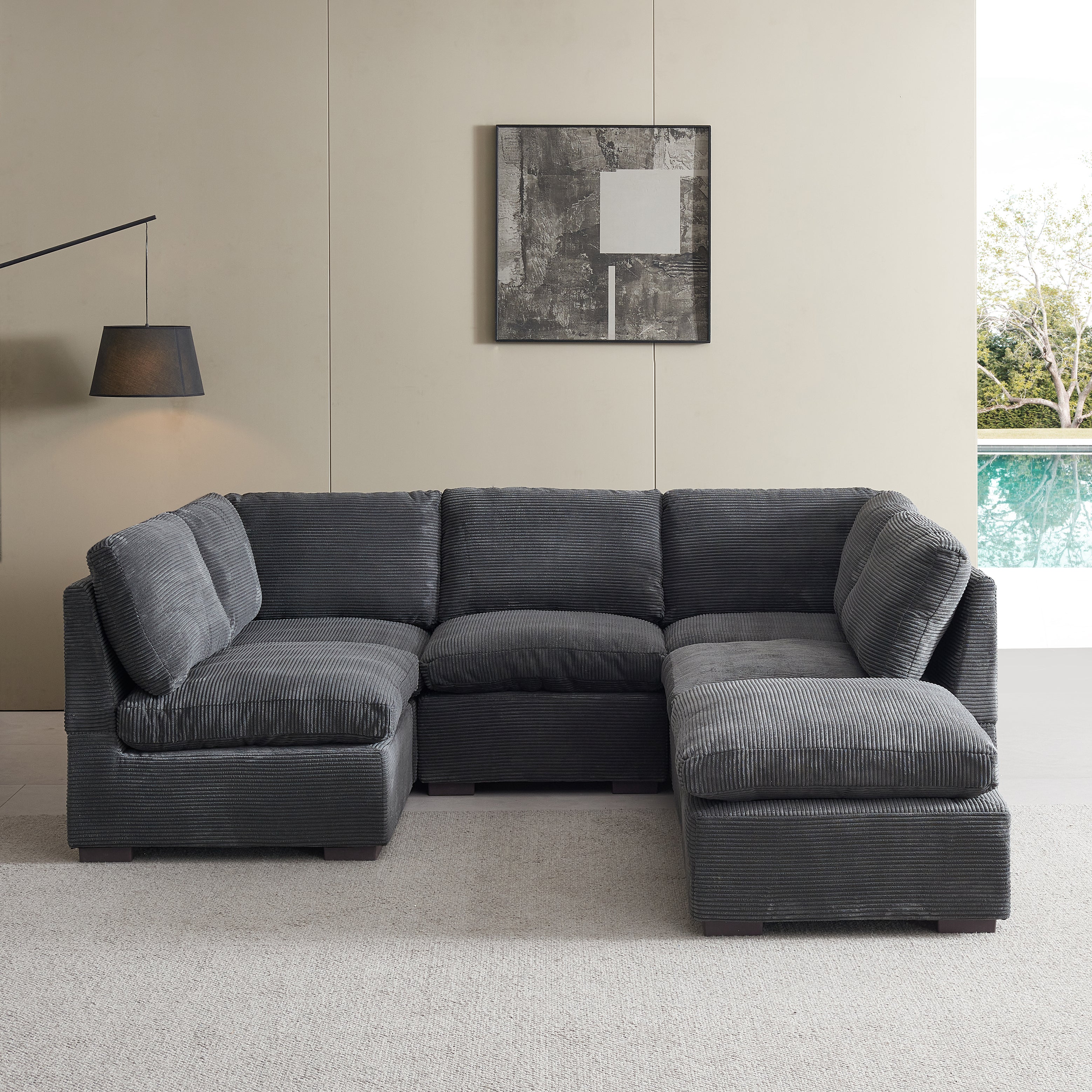 L-Shaped Couch, 6-Seat Corduroy Sofa, Couch with Ottoman, Gray