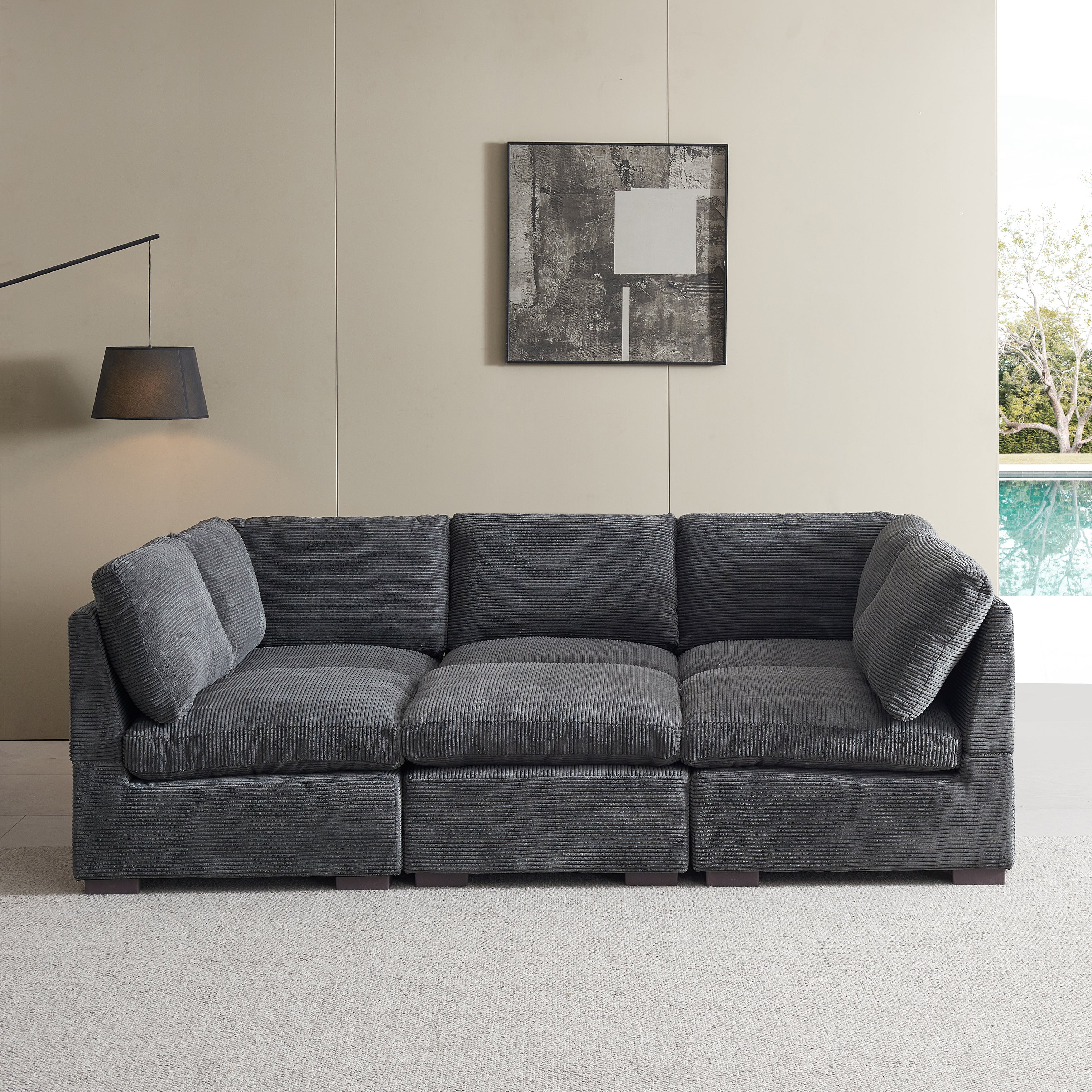 L-Shaped Couch, 6-Seat Corduroy Sofa, Couch with Ottoman, Gray