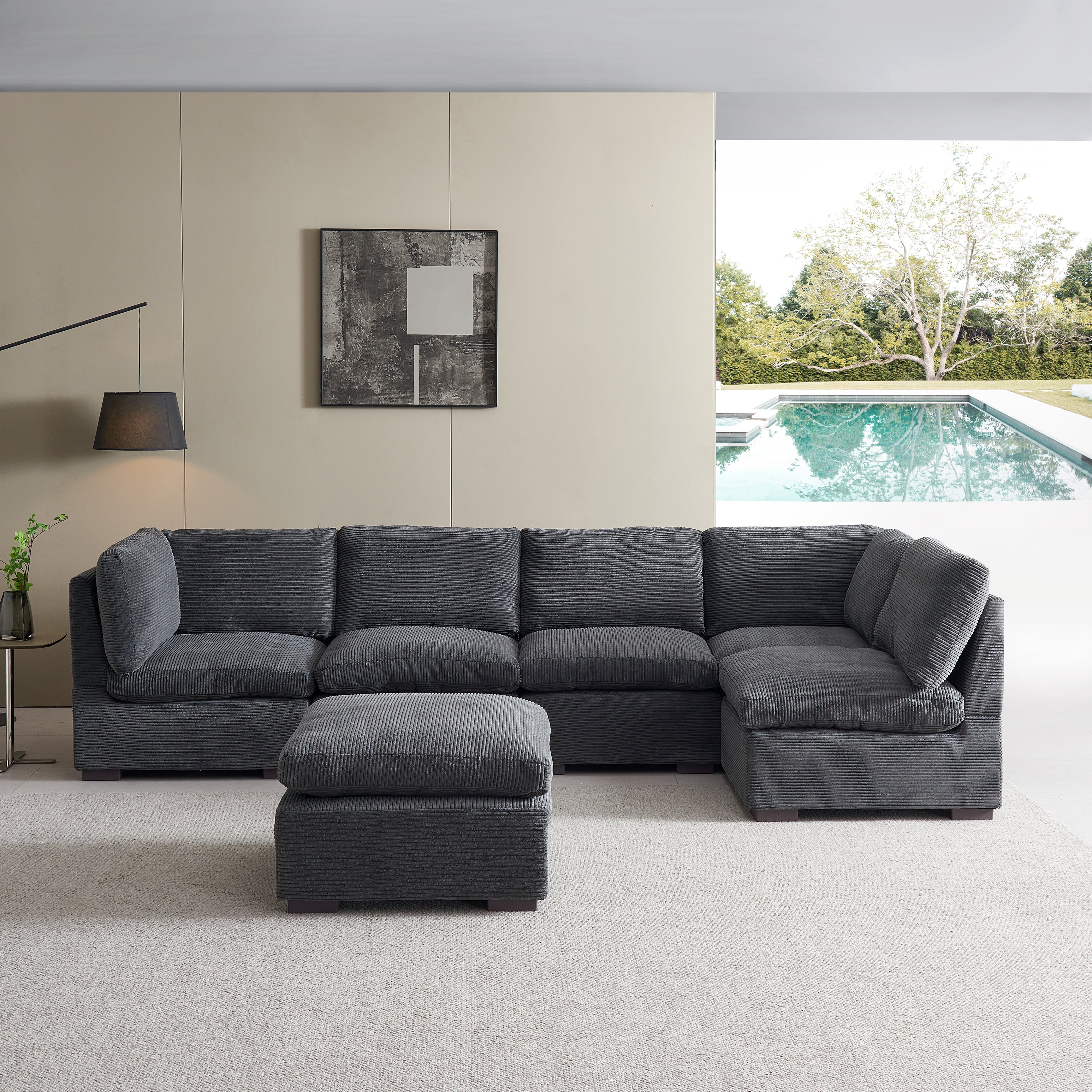 L-Shaped Couch, 6-Seat Corduroy Sofa, Couch with Ottoman, Gray