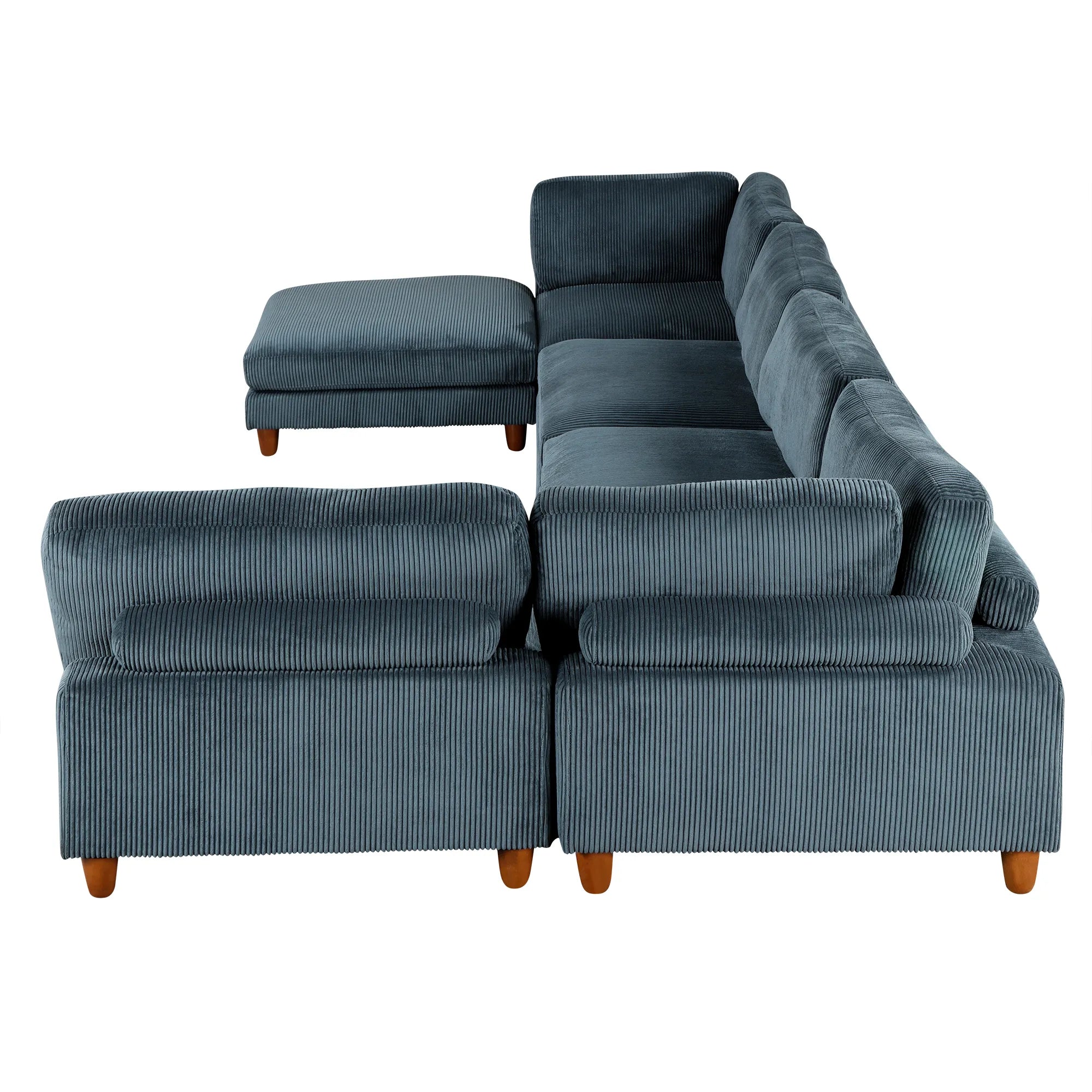 Large U-Shaped Sectional, Corduroy Couch with Ottoman, Blue