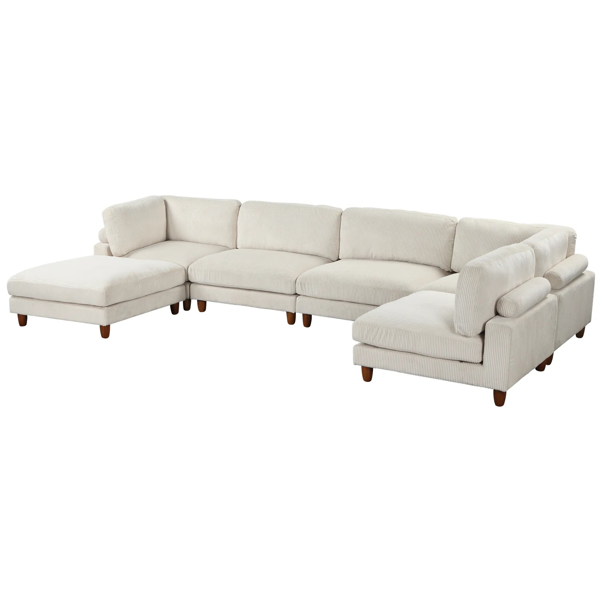 Large U-Shaped Sectional, Corduroy Couch with Ottoman, Beige