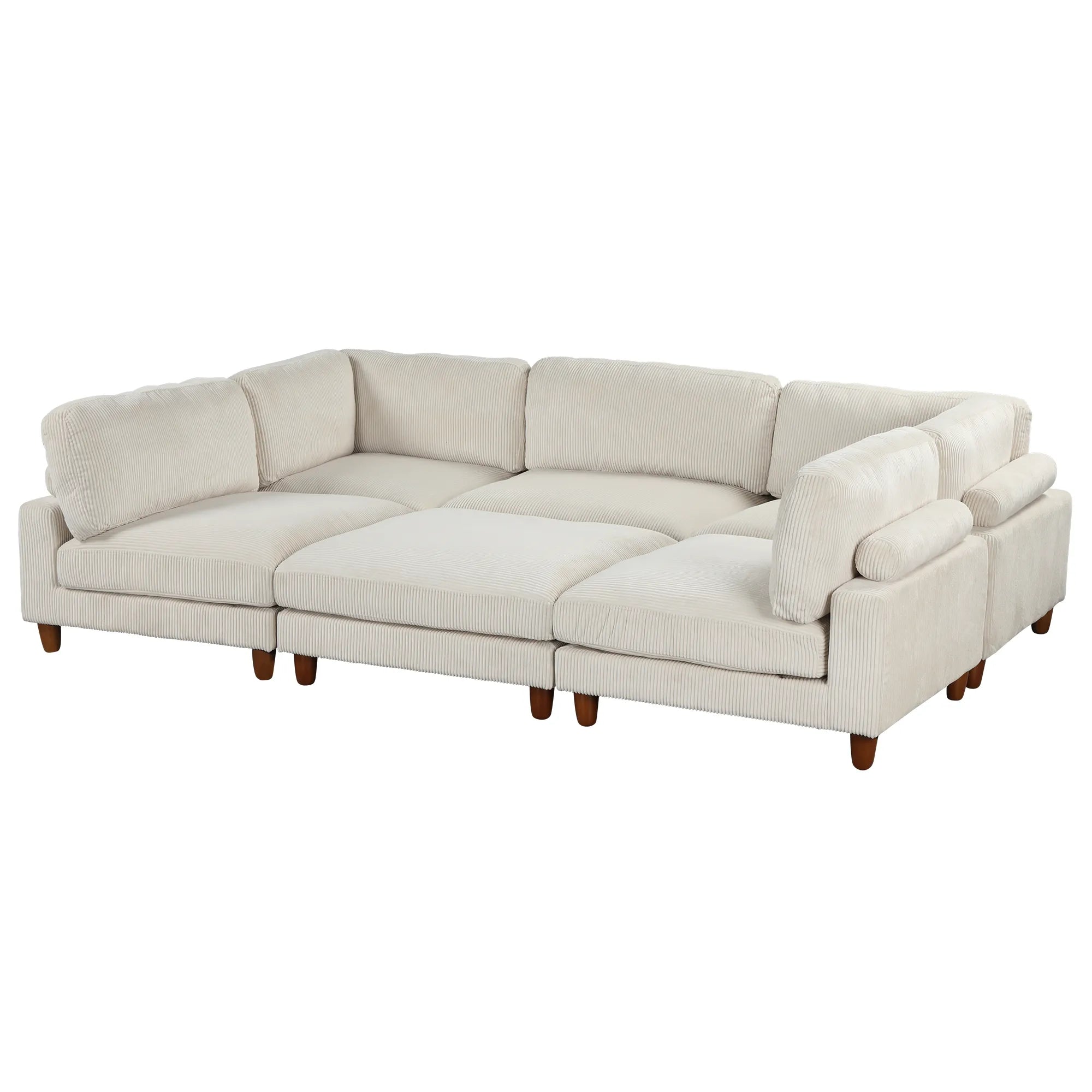 Large U-Shaped Sectional, Corduroy Couch with Ottoman, Beige