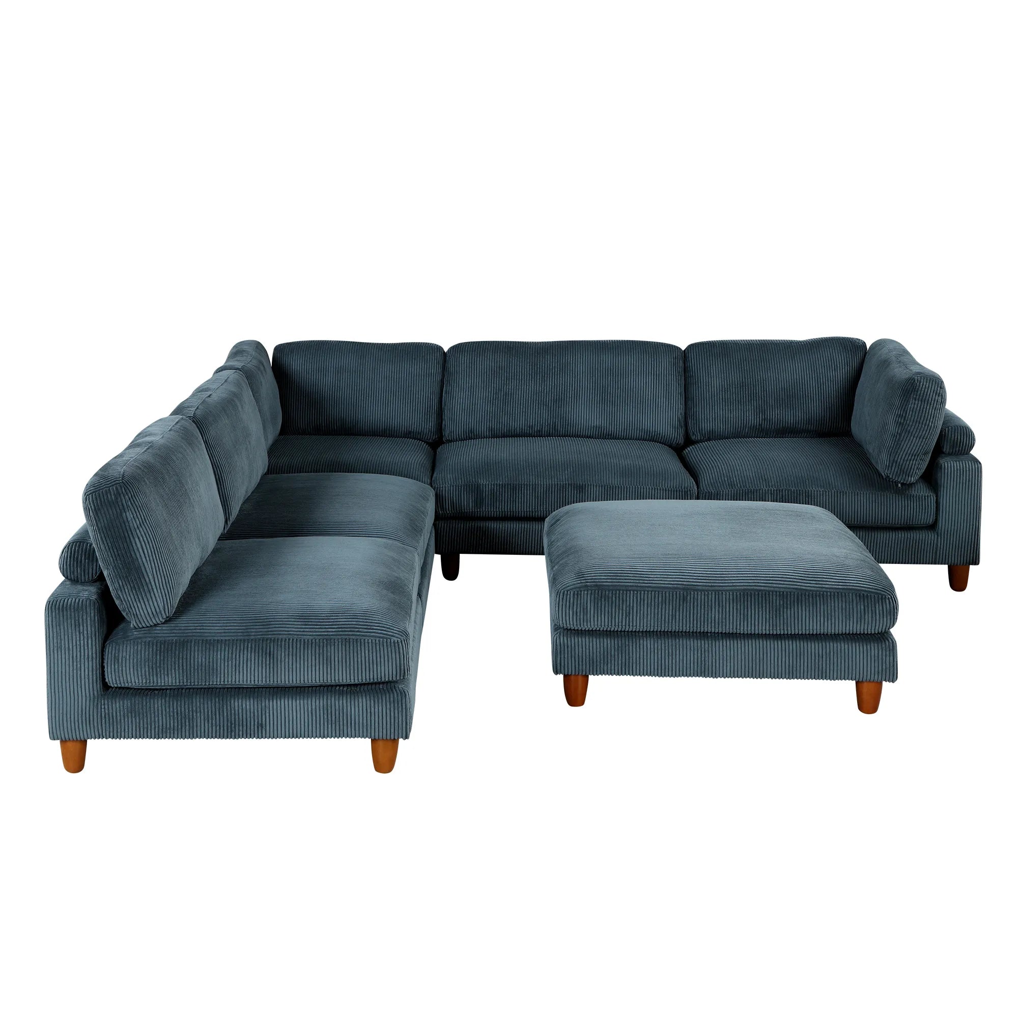 Large U-Shaped Sectional, Corduroy Couch with Ottoman, Blue