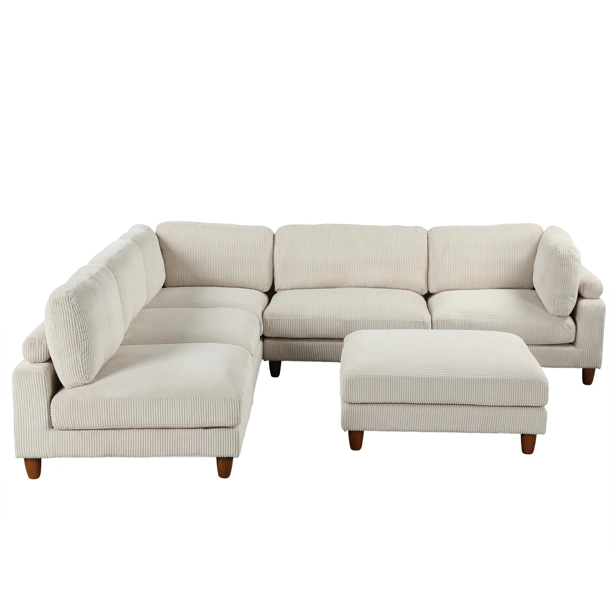 Large U-Shaped Sectional, Corduroy Couch with Ottoman, Beige