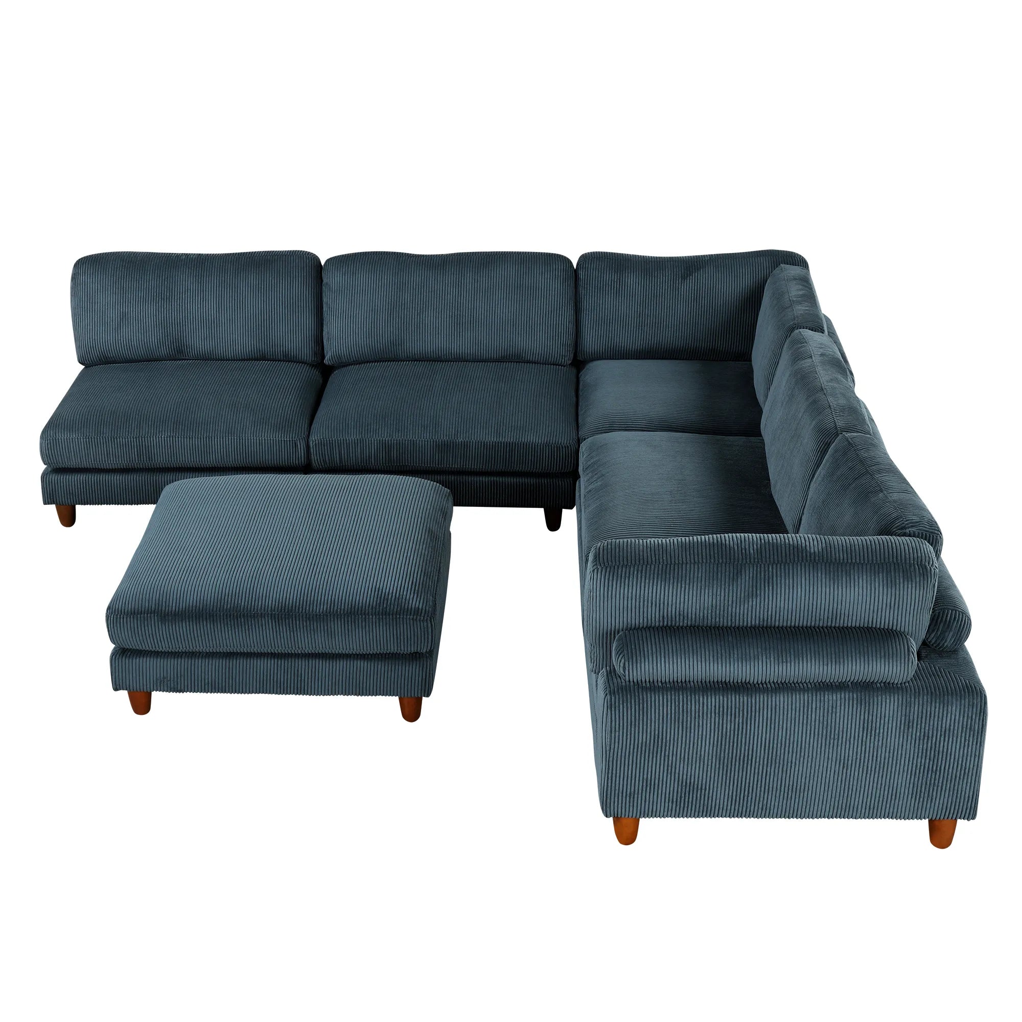 Large U-Shaped Sectional, Corduroy Couch with Ottoman, Blue