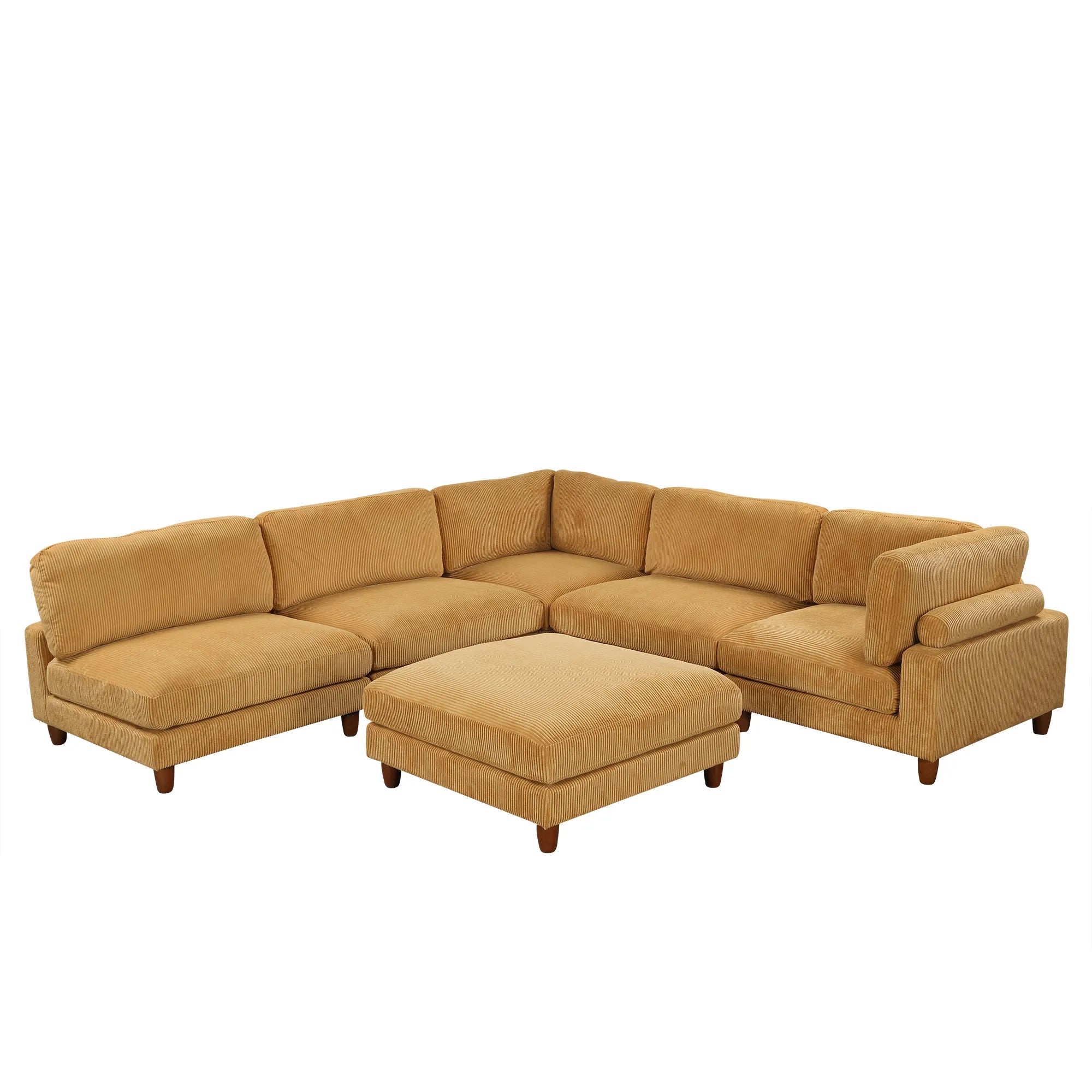 Large U-Shaped Sectional, Corduroy Couch with Ottoman, Yellow