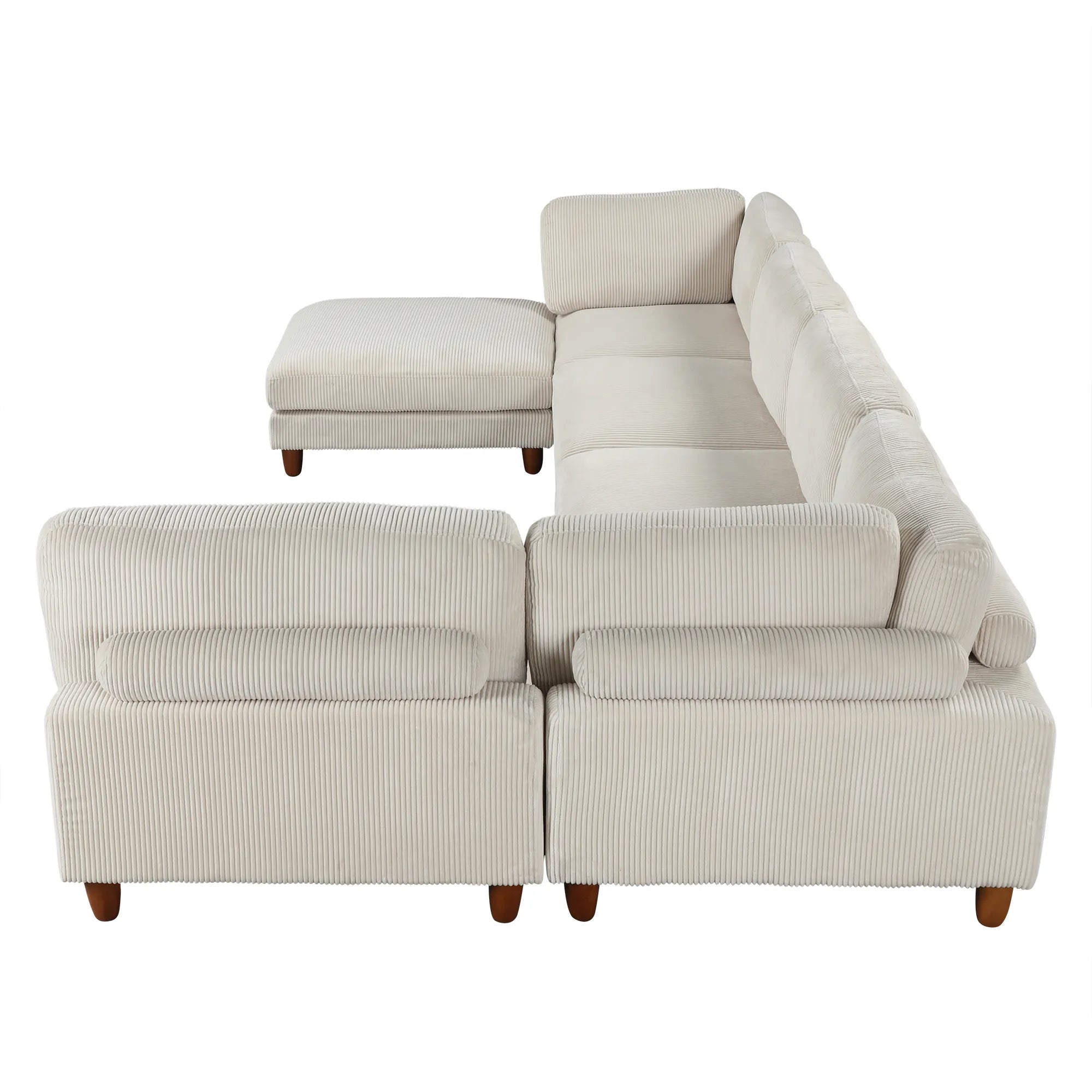 Large U-Shaped Sectional, Corduroy Couch with Ottoman, Beige