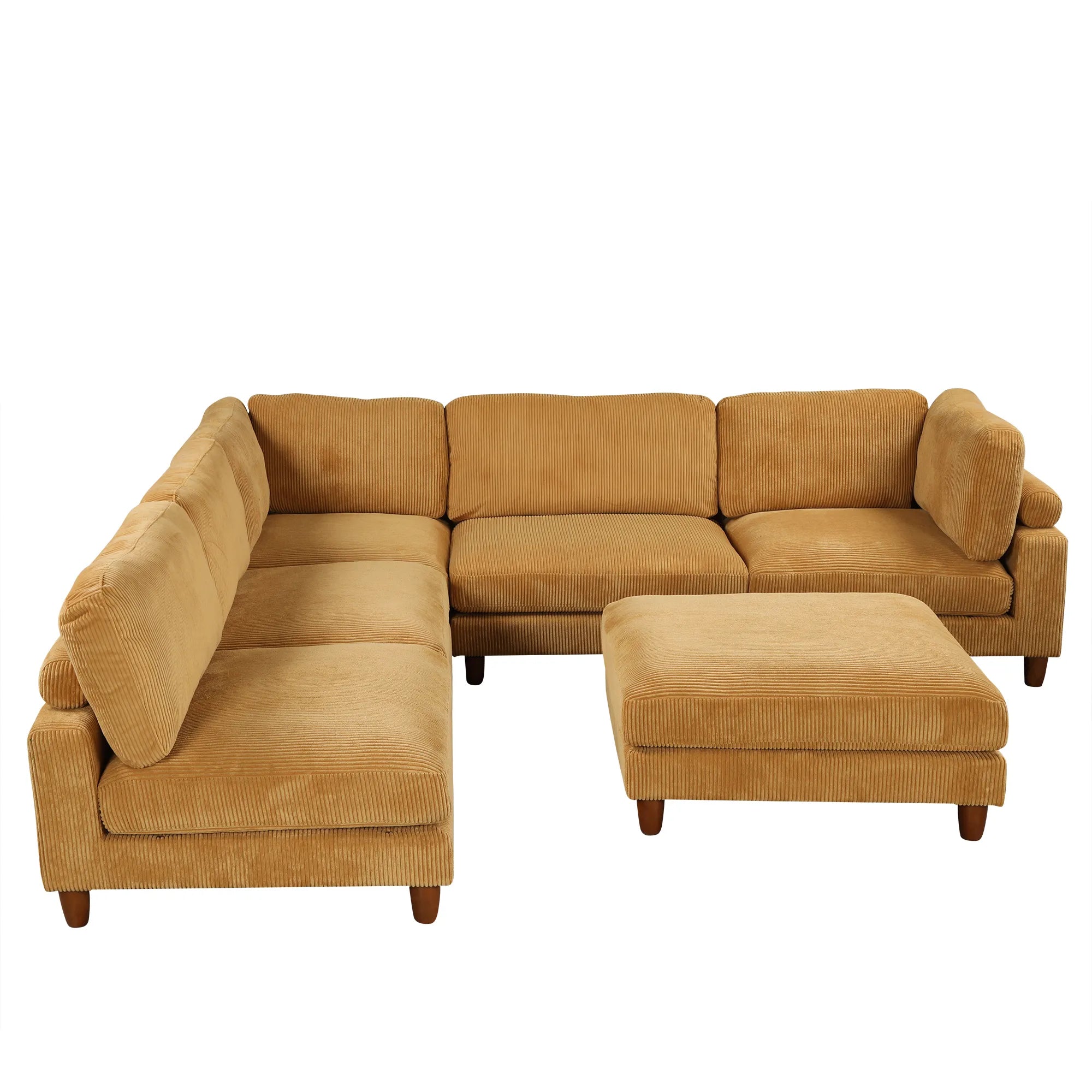 Large U-Shaped Sectional, Corduroy Couch with Ottoman, Yellow