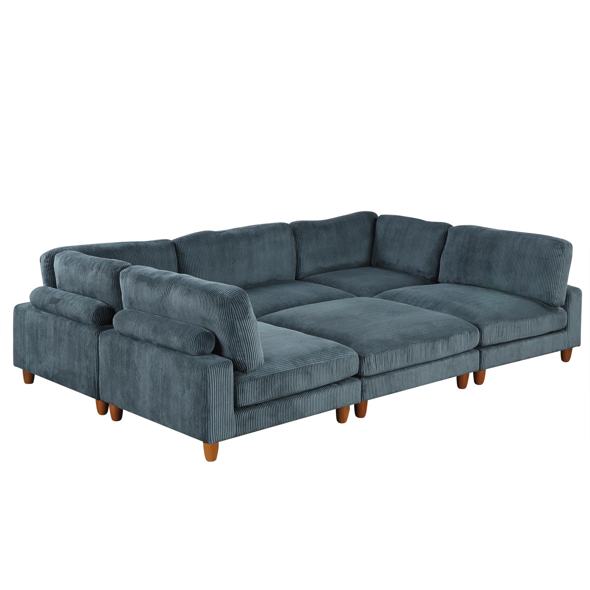 Large U-Shaped Sectional, Corduroy Couch with Ottoman, Blue