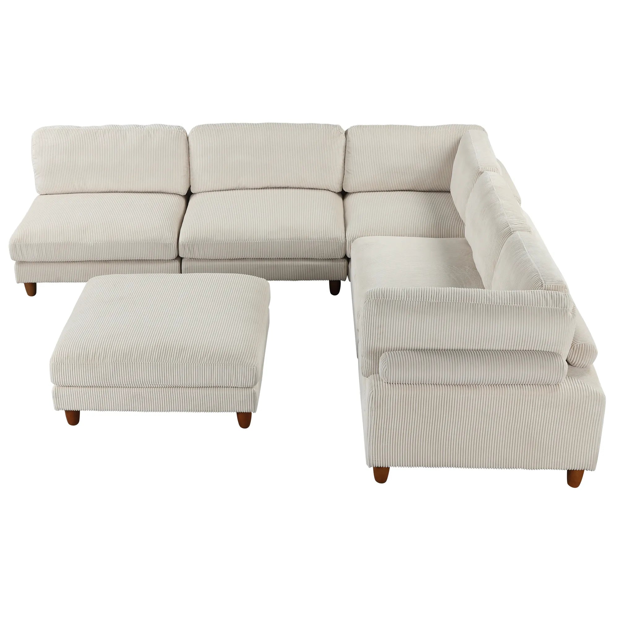 Large U-Shaped Sectional, Corduroy Couch with Ottoman, Beige