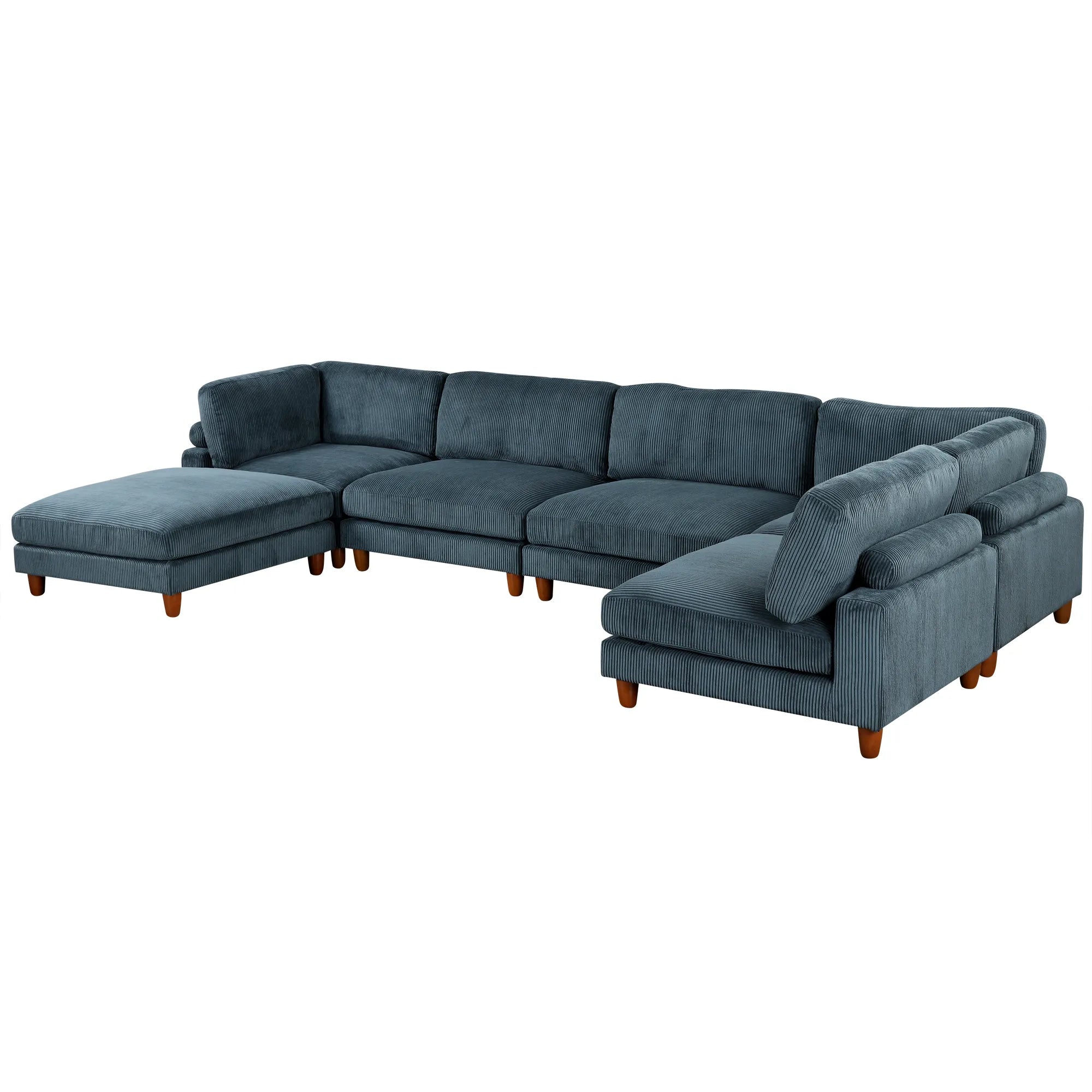 Large U-Shaped Sectional, Corduroy Couch with Ottoman, Blue