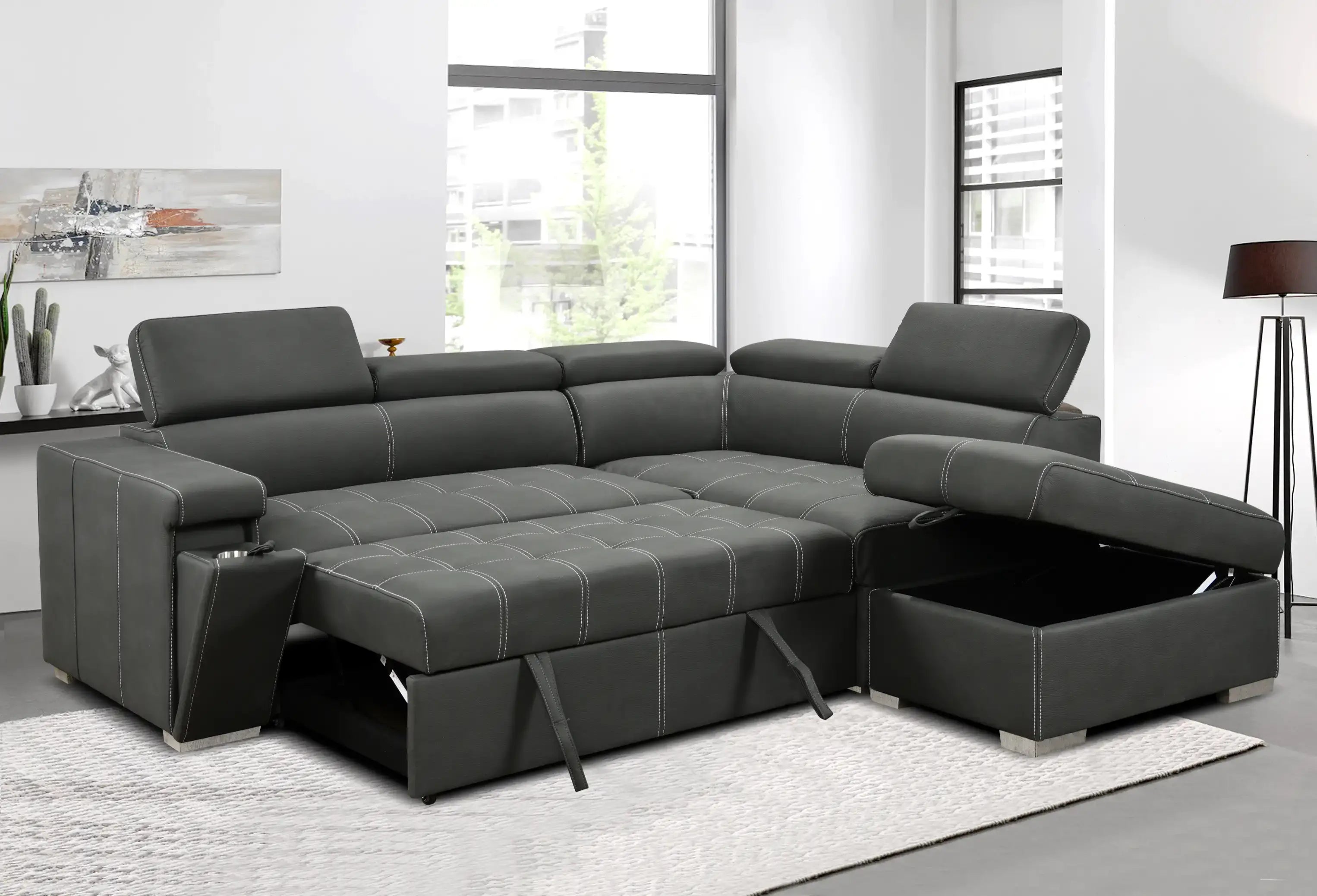Louie L-Shaped Sofa Bed, Convertible Couch Pullout with Storage Chaise and Adjustable Headrest - Gray
