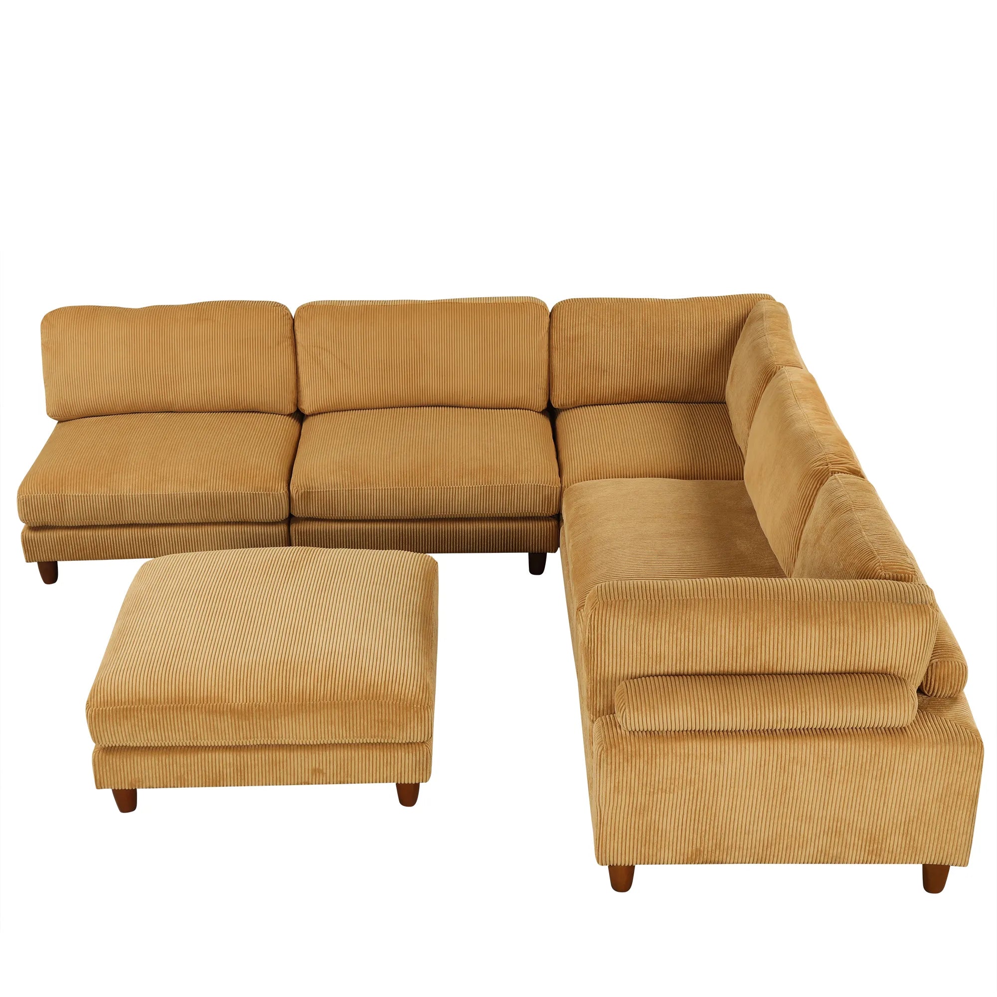 Large U-Shaped Sectional, Corduroy Couch with Ottoman, Yellow