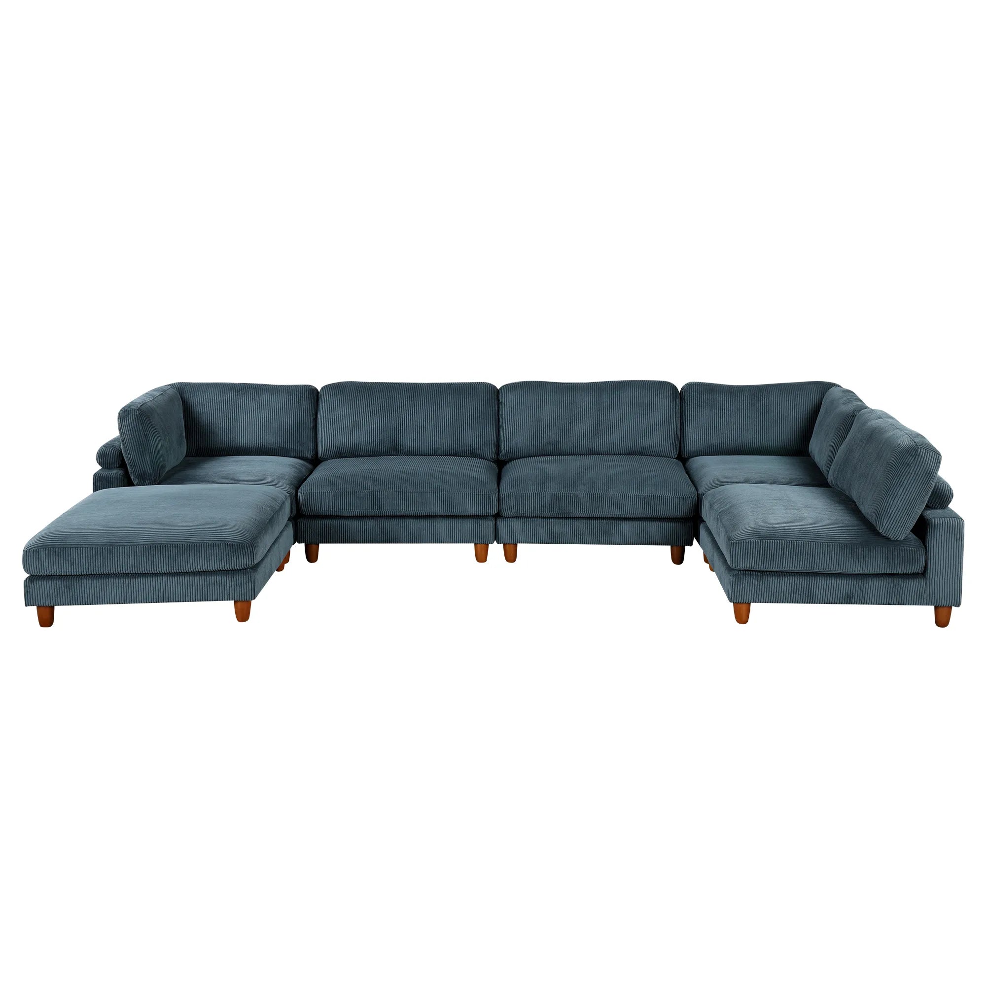 Large U-Shaped Sectional, Corduroy Couch with Ottoman, Blue