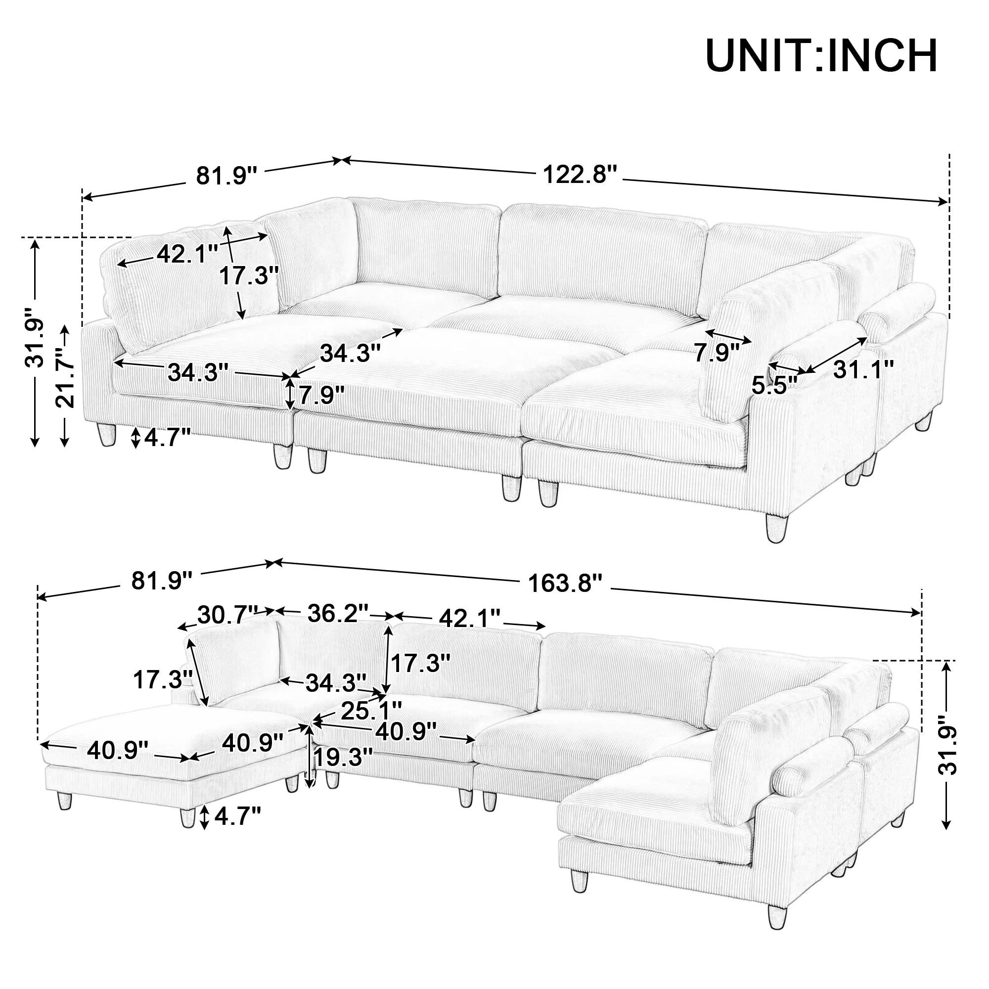 Large U-Shaped Sectional, Corduroy Couch with Ottoman, Blue
