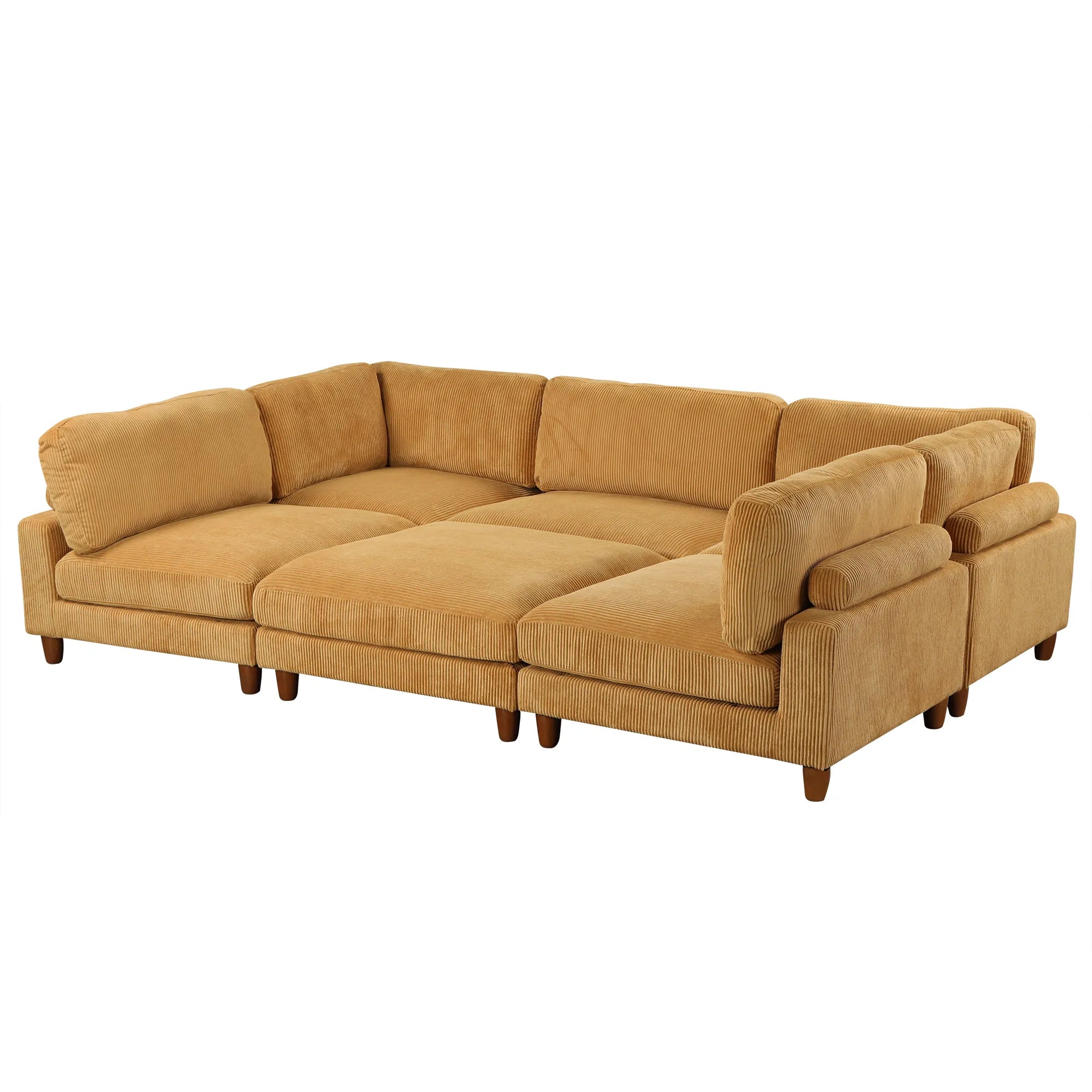 Large U-Shaped Sectional, Corduroy Couch with Ottoman, Yellow
