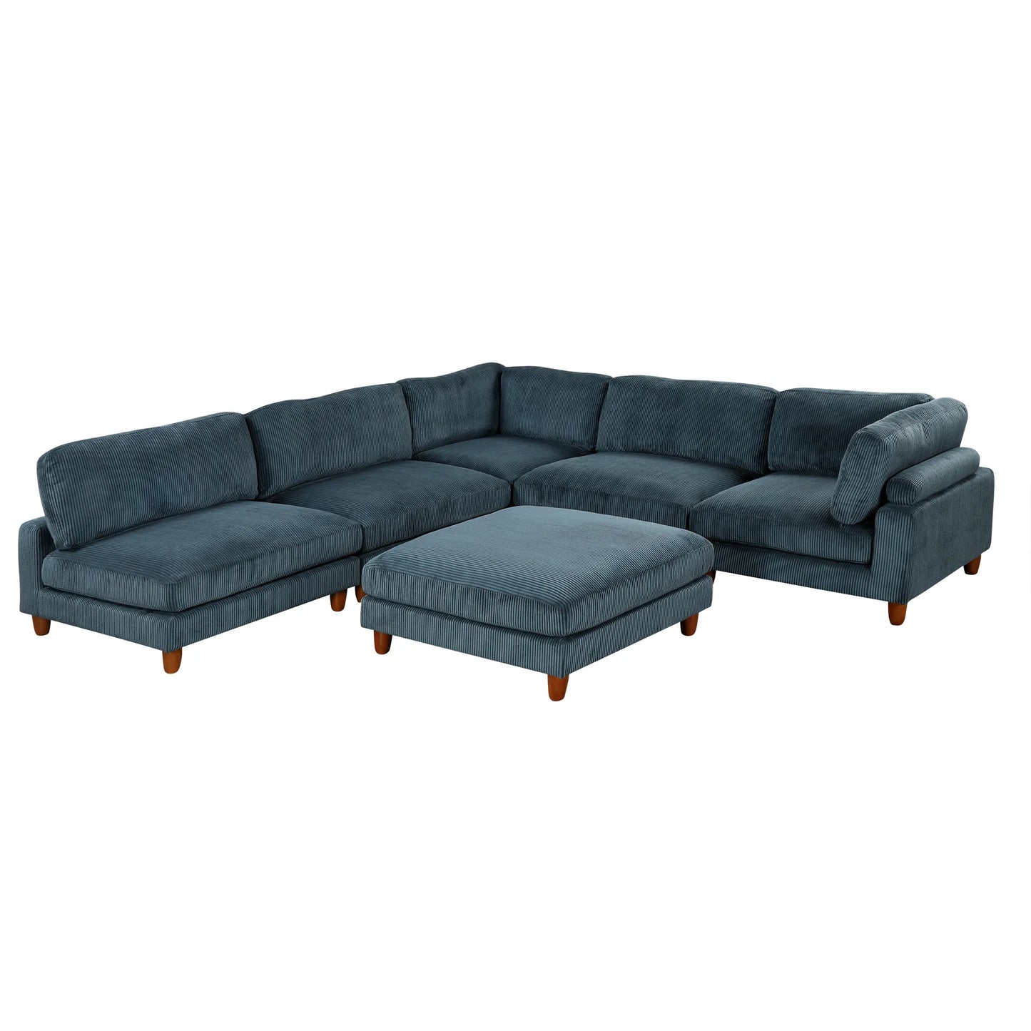 Large U-Shaped Sectional, Corduroy Couch with Ottoman, Blue