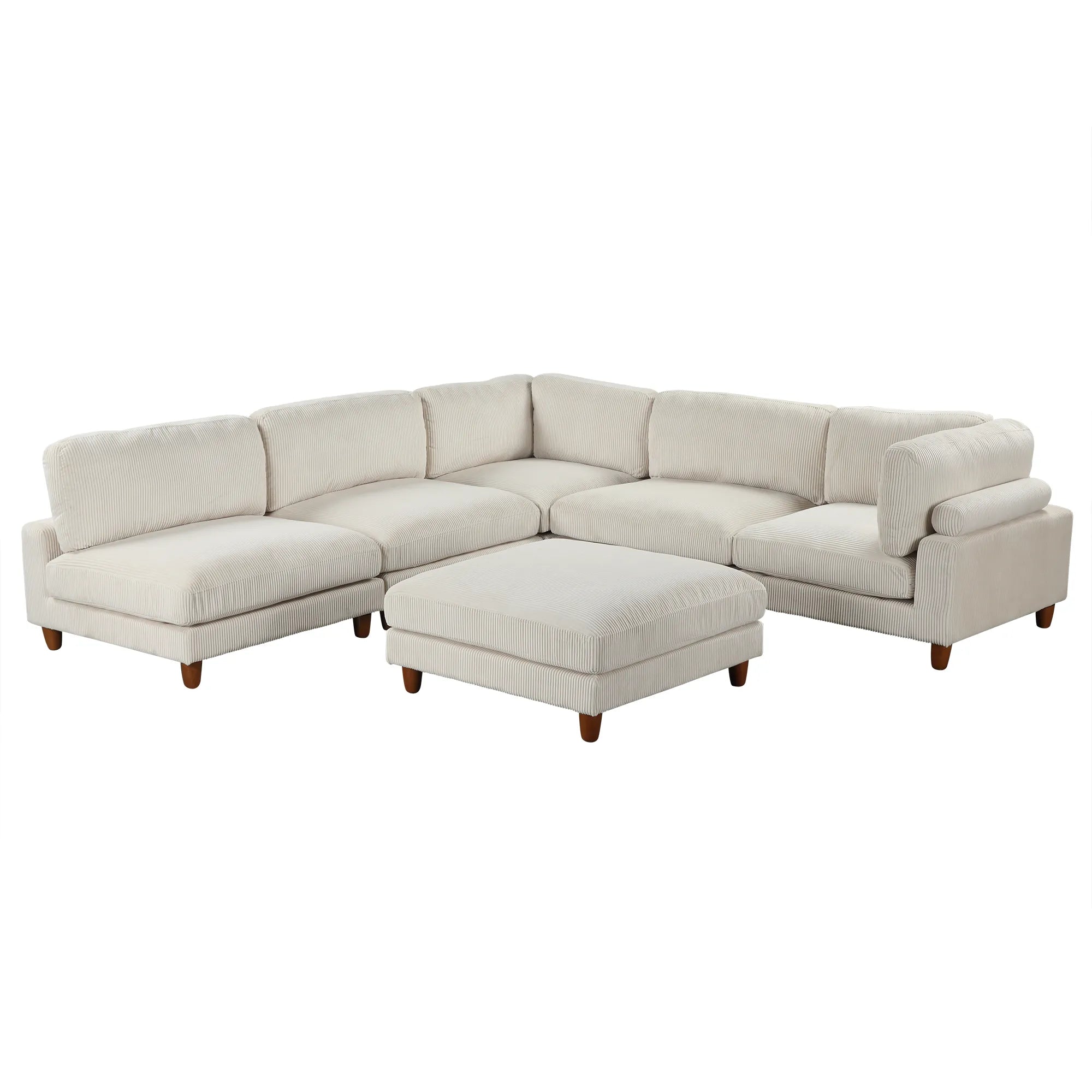 Large U-Shaped Sectional, Corduroy Couch with Ottoman, Beige