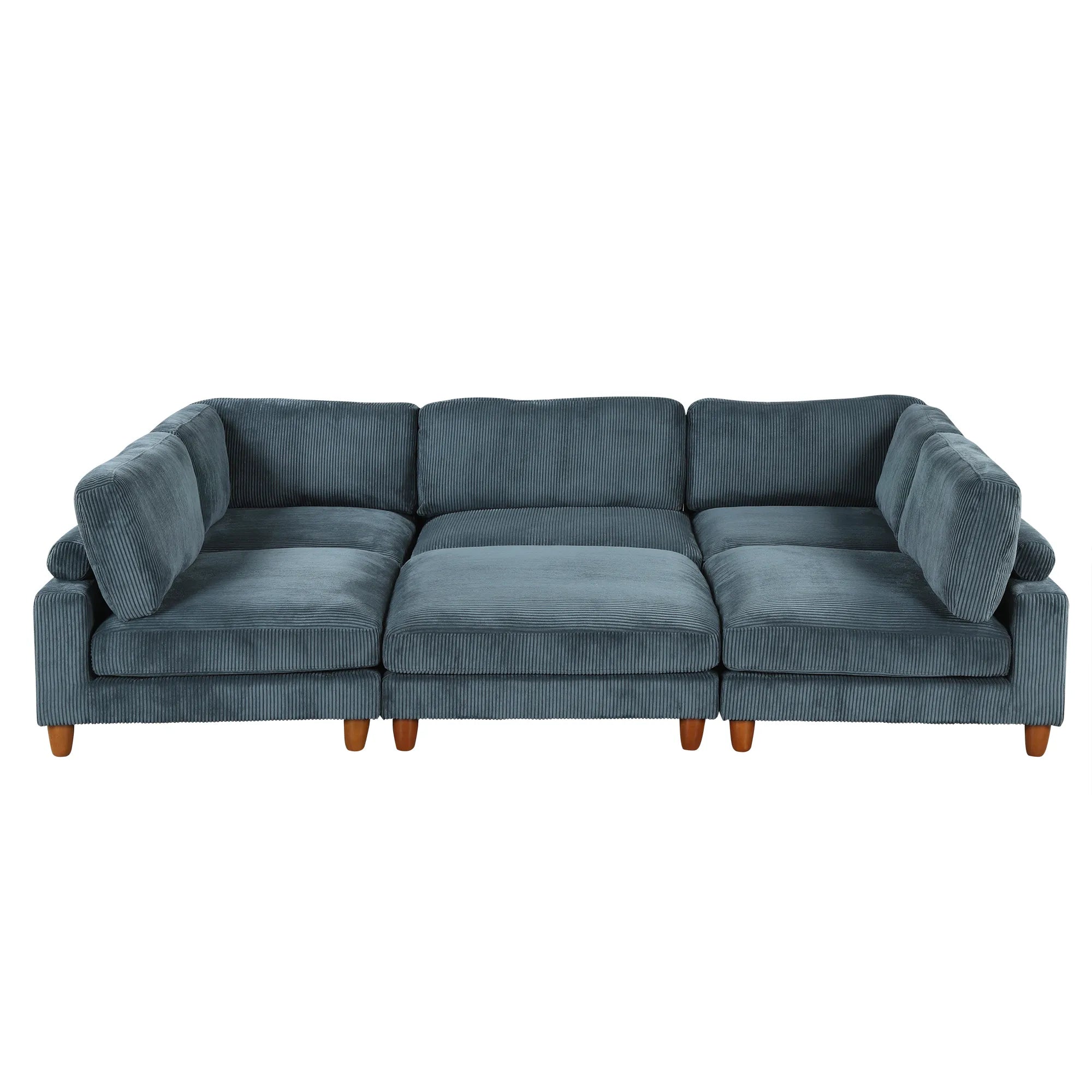 Large U-Shaped Sectional, Corduroy Couch with Ottoman, Blue