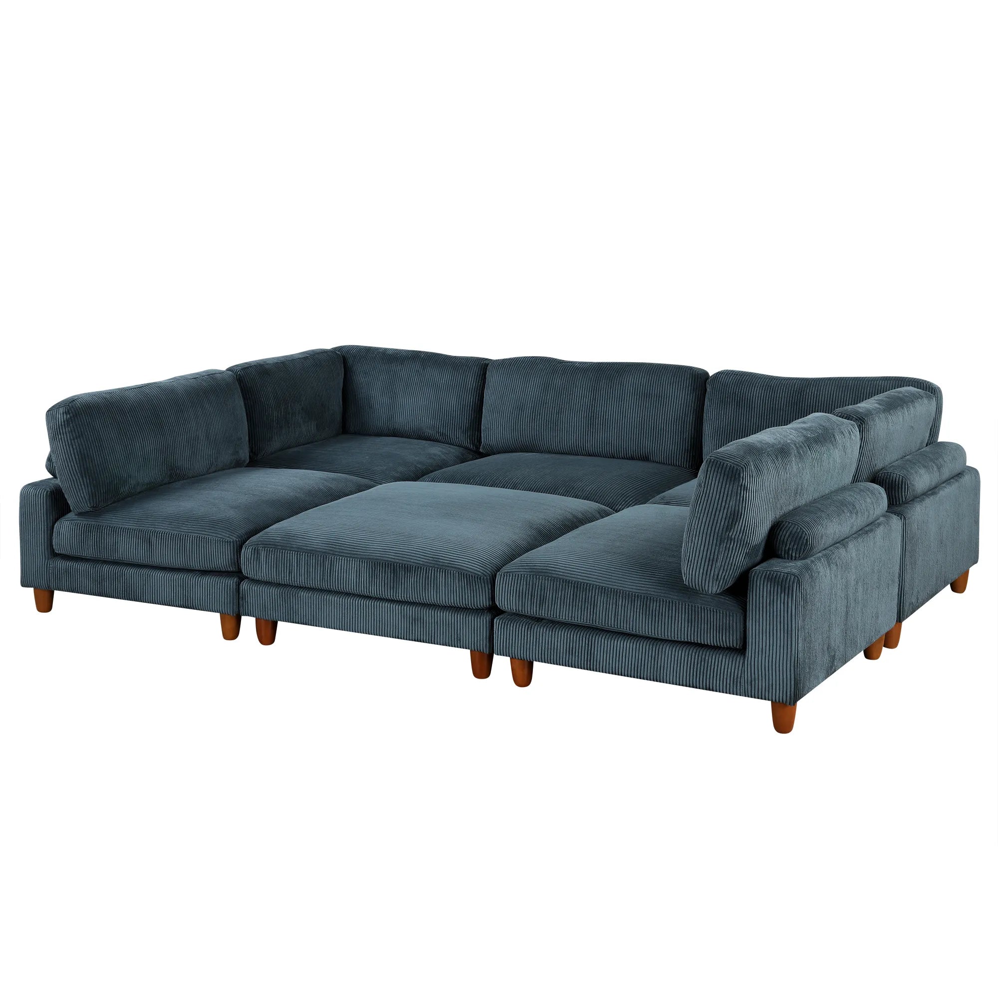 Large U-Shaped Sectional, Corduroy Couch with Ottoman, Blue