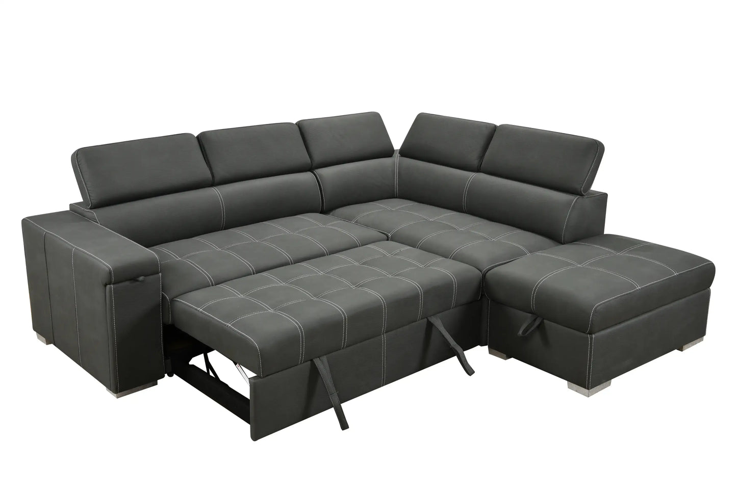 Louie L-Shaped Sofa Bed, Convertible Couch Pullout with Storage Chaise and Adjustable Headrest - Gray