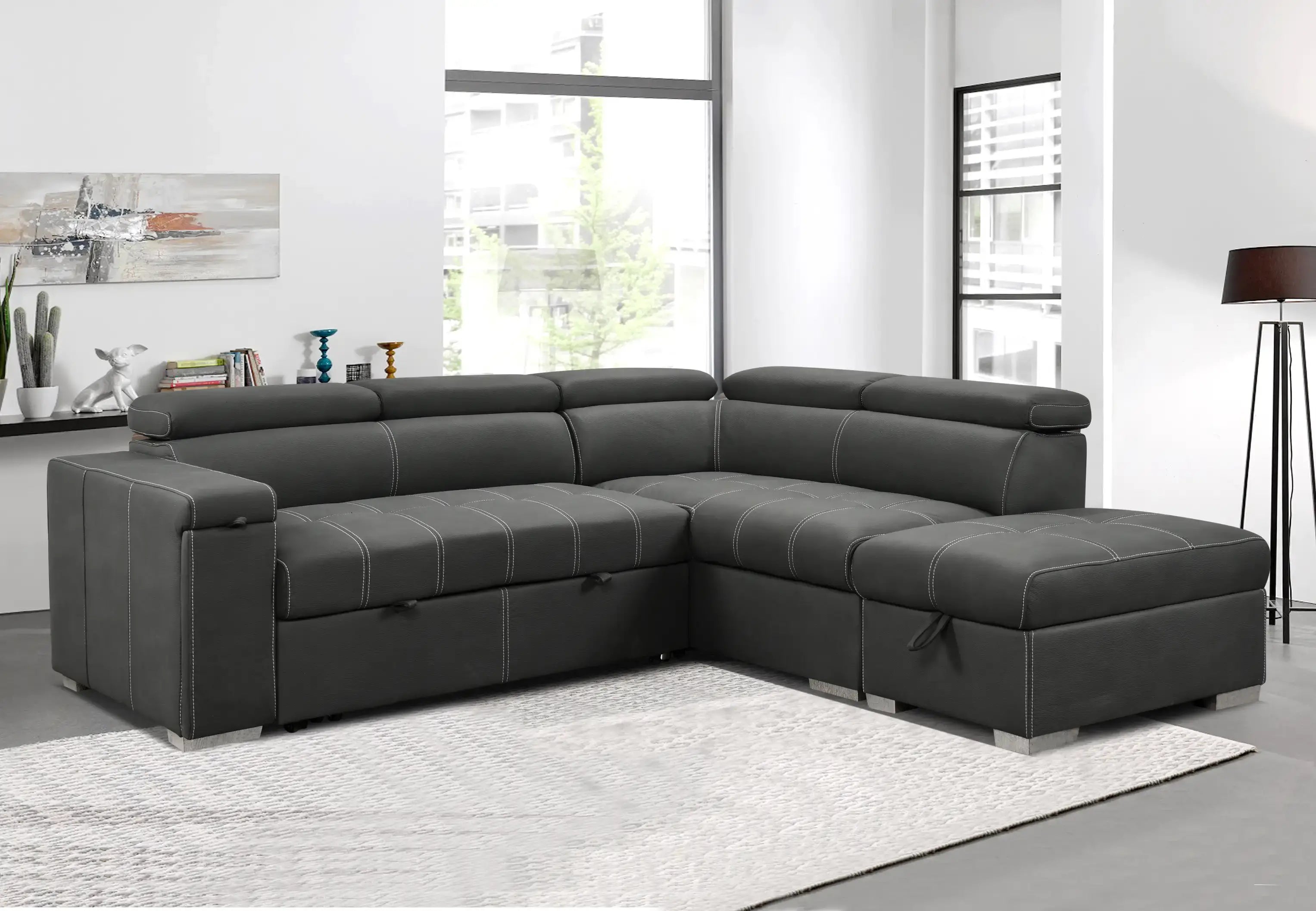 Louie L-Shaped Sofa Bed, Convertible Couch Pullout with Storage Chaise and Adjustable Headrest - Gray
