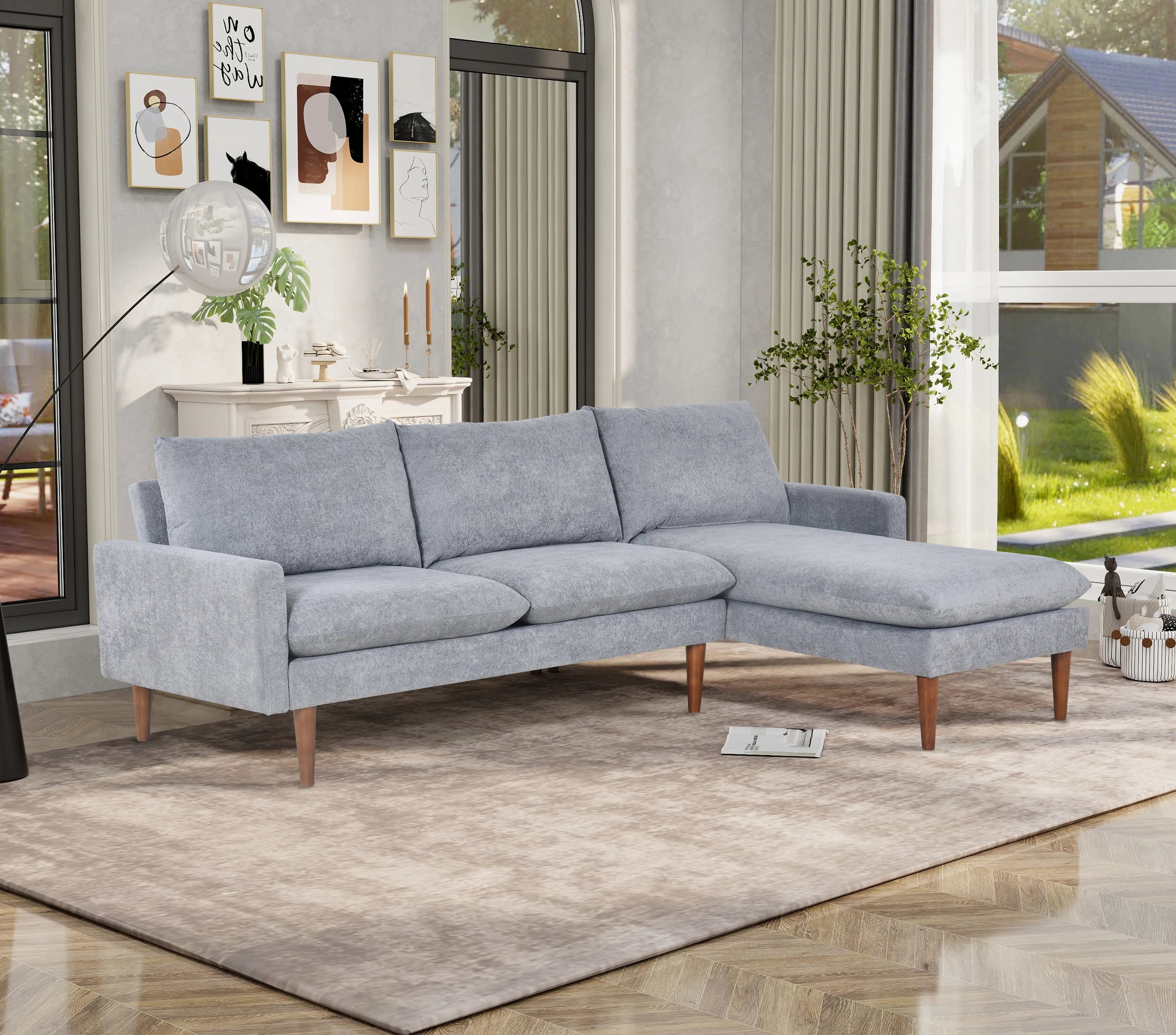 Louie Small Velvet Couch, L Shape Sofa with Chaise, Gray