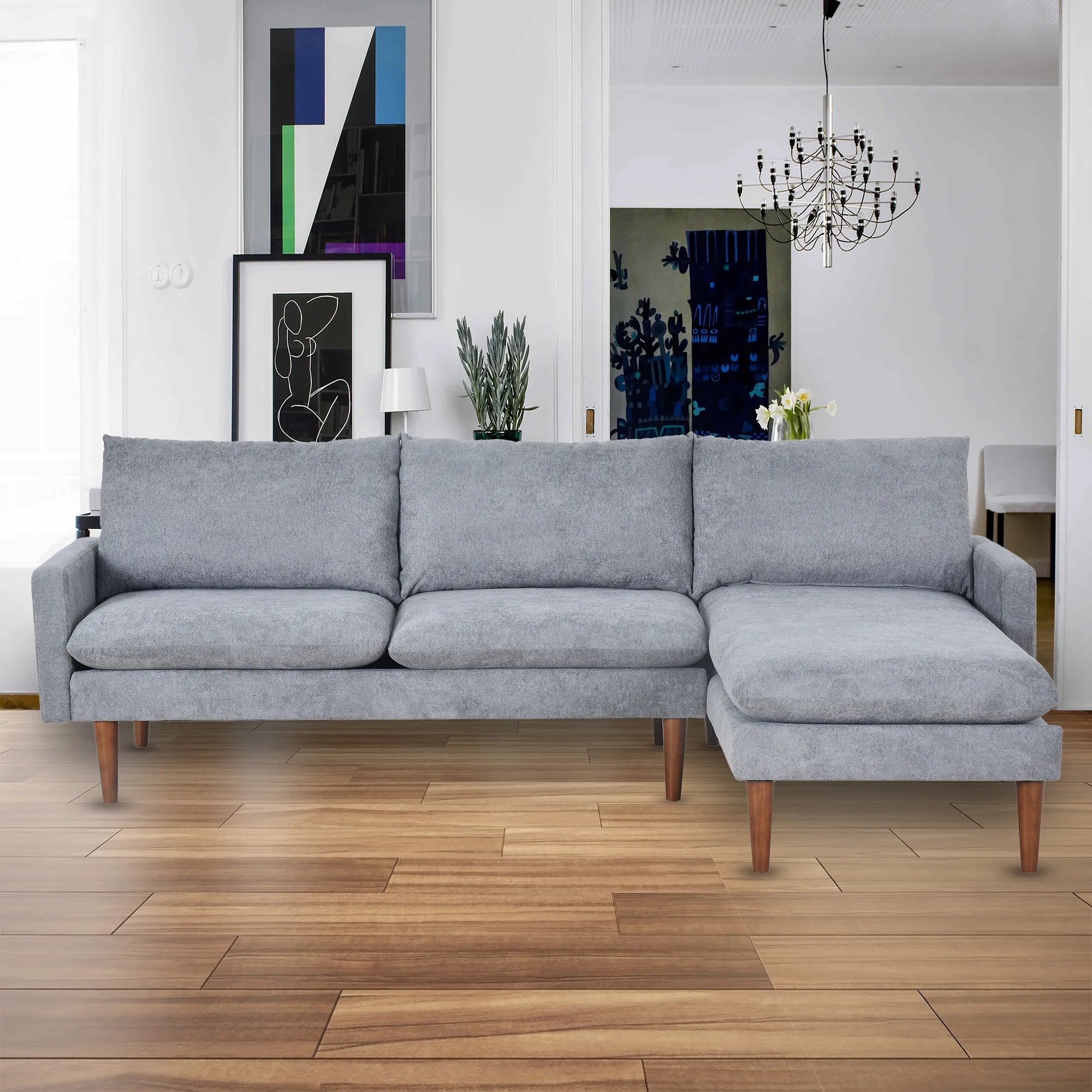 Louie Small Velvet Couch, L Shape Sofa with Chaise, Gray