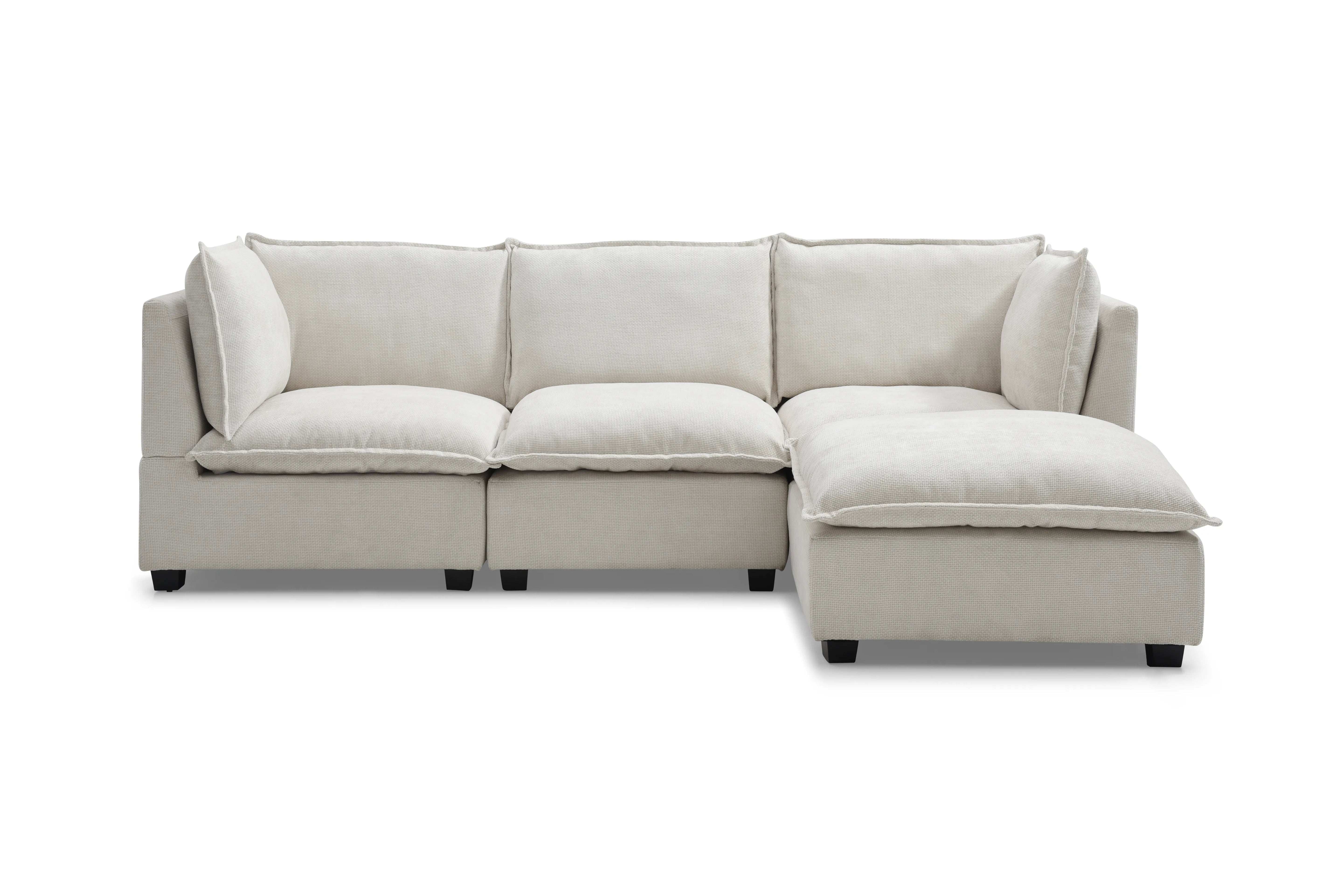 Plush Modular Sectional Sofa, L-Shaped Couch with Ottoman, Beige