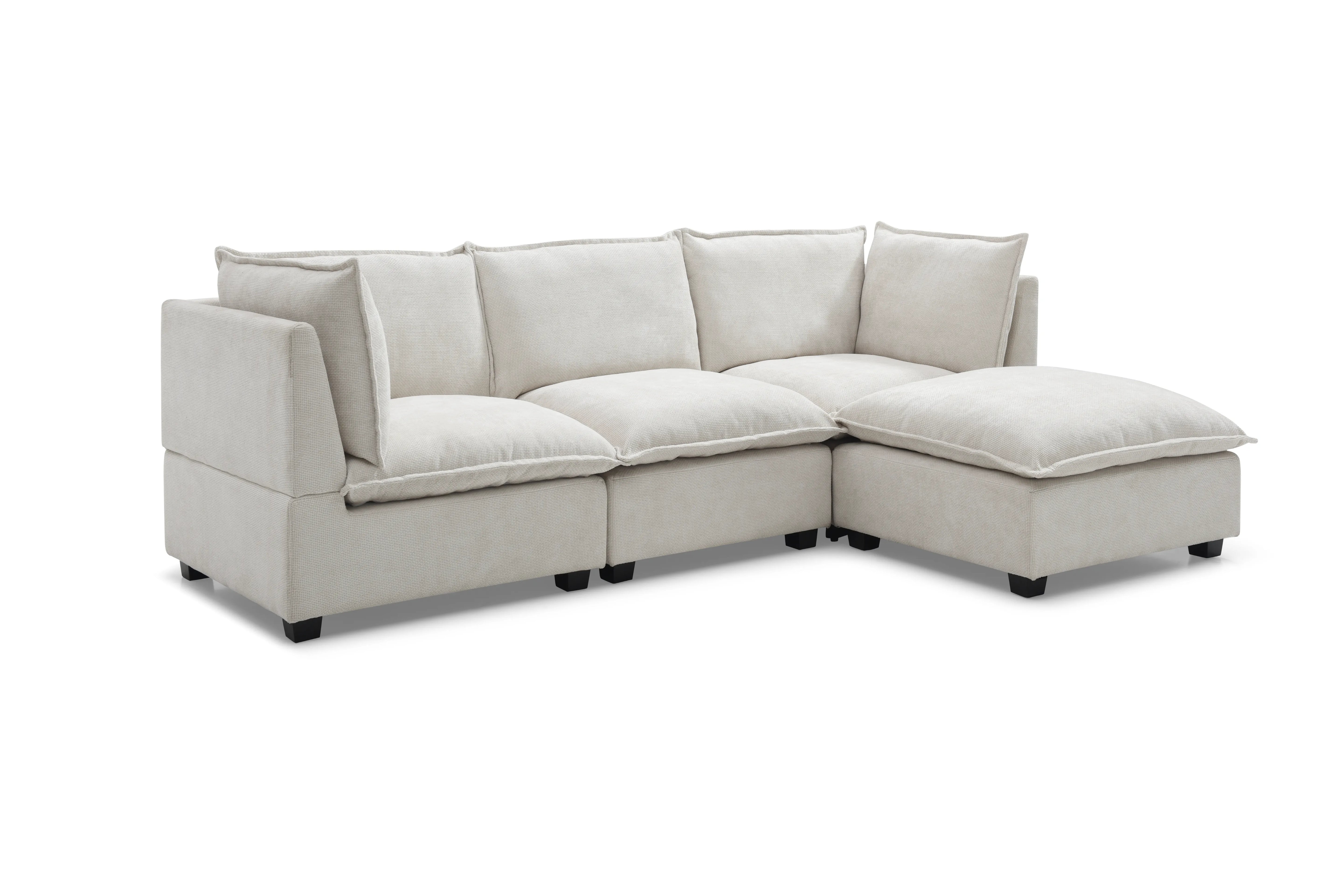 Plush Modular Sectional Sofa, L-Shaped Couch with Ottoman, Beige